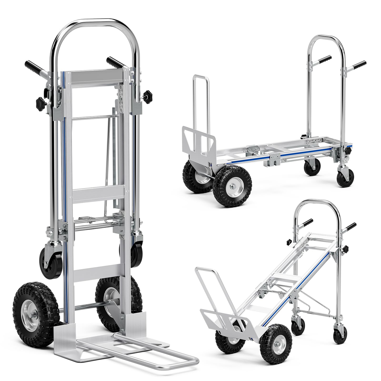 ハンドトラック、3イン1コンバーチブルドリーカート、1000ポンド容量折りたたみハンドトラック2輪台車4輪カートアシストハンドトラック 10インチ空気圧ホイール付き
