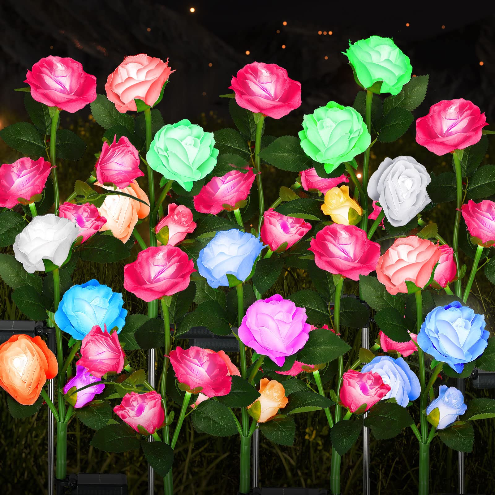 10個 ソーラーローズライト 屋外 防水 ガーデンステークフラワーライト 40個のバラの花付き 7色変更 装飾LED ソーラーランドスケープライト 除草 庭 パティオ 通路 歩道