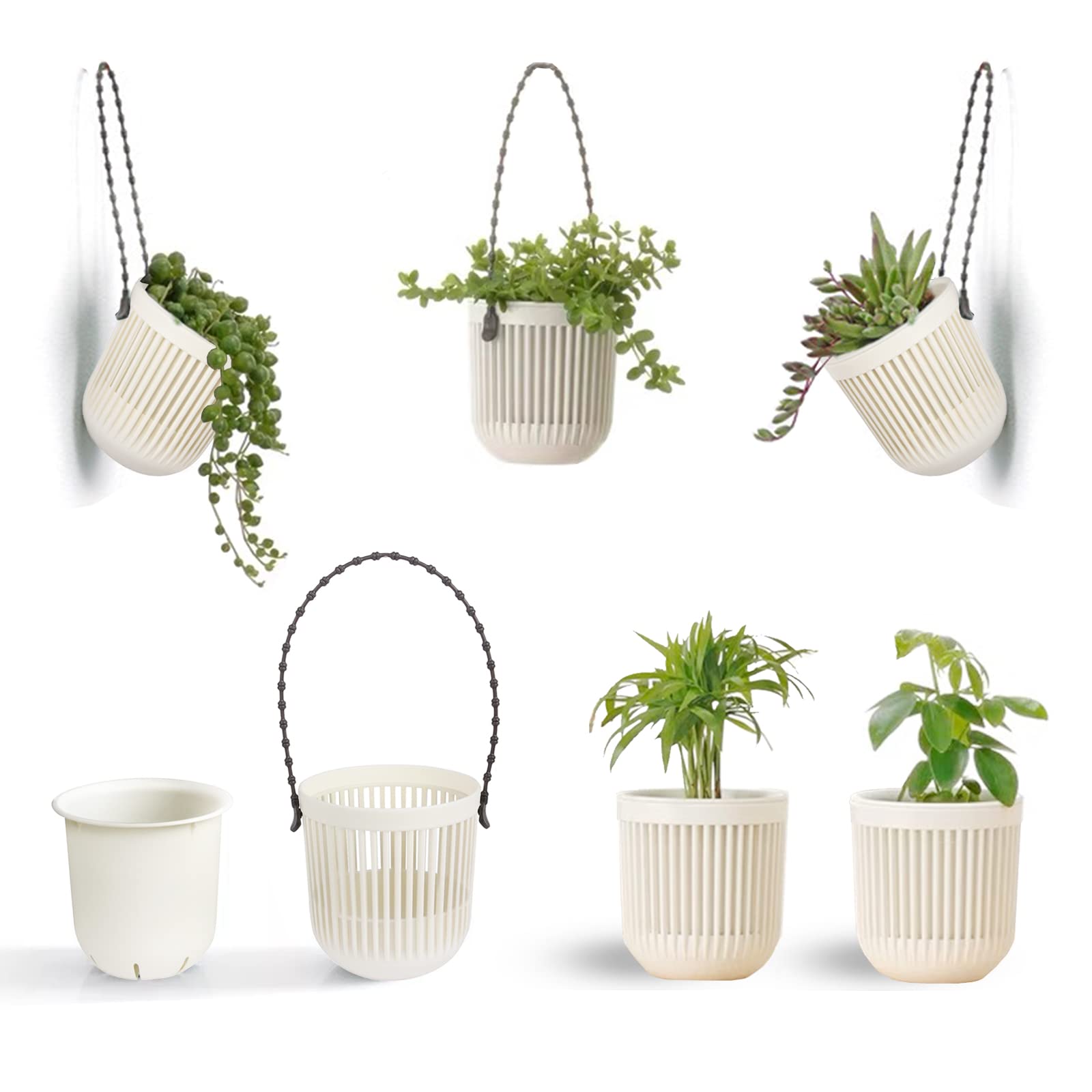 3.5インチ ツーピース 多肉植物 プランターポット 排水付き 柔軟で取り外し可能なハンドル 植木鉢 小さなプランターポット ミニ植物用 壁や窓にプランターを掛ける 6個パック ホワイト｜明金万代