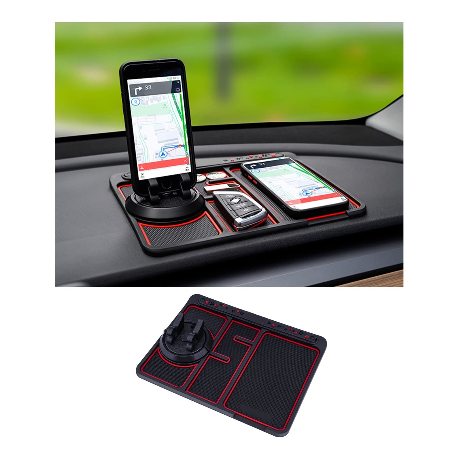 ノンスリップ電話パッド 4-in-1 車用 2022年 クールグローインザダーク 車用ダッシュボード電話マット 一時的な駐車カード ナンバープレート アロマセラピー 振れ防止パッド ユニバーサル電話ホルダー(レッド)