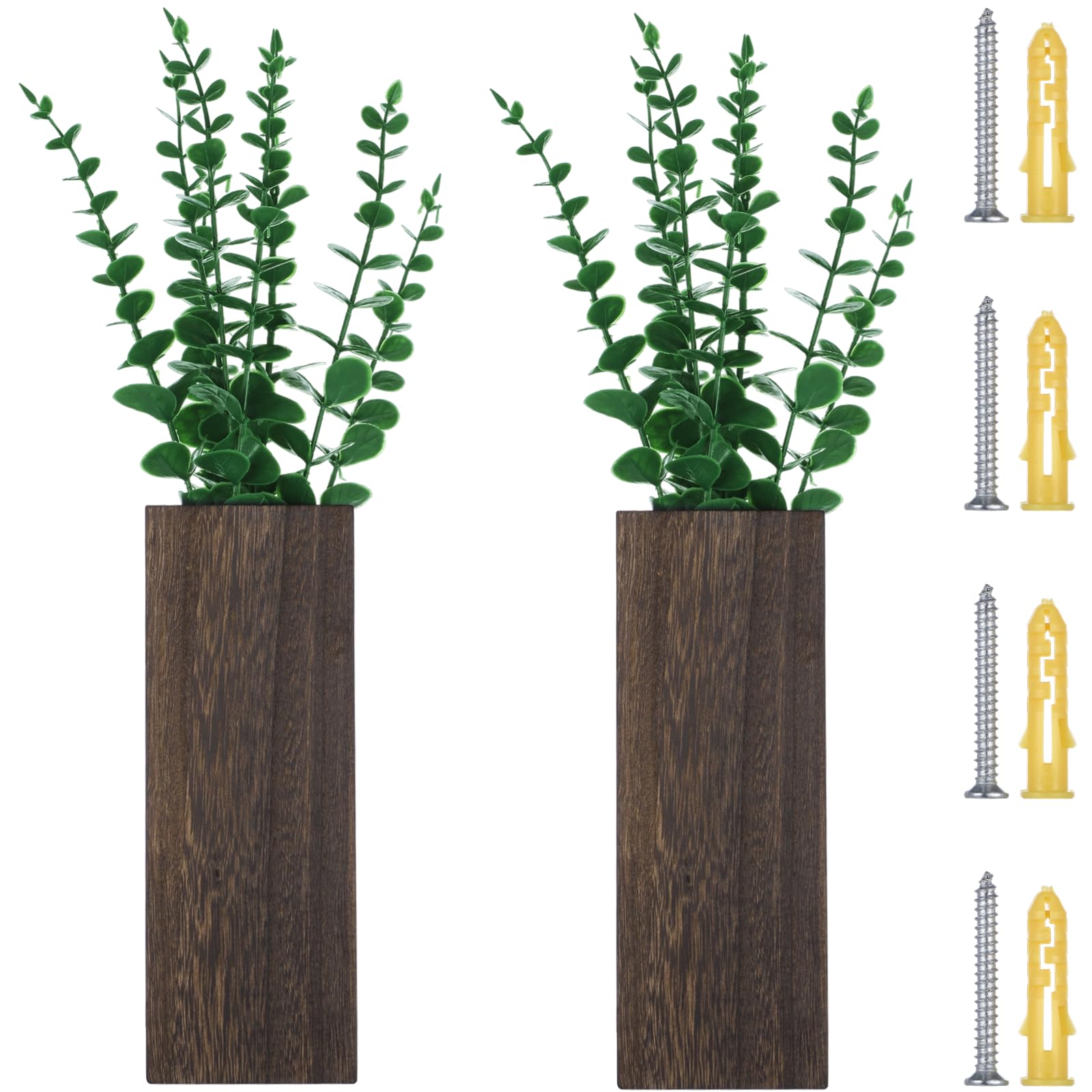 木製壁プランター 2個 ファームハウス 壁 植物 ポケット 花瓶 人工ユーカリ付き 壁掛けフラワー装飾 リビングルーム 緑 屋内植物ホルダー ドライフラワー用｜明金万代