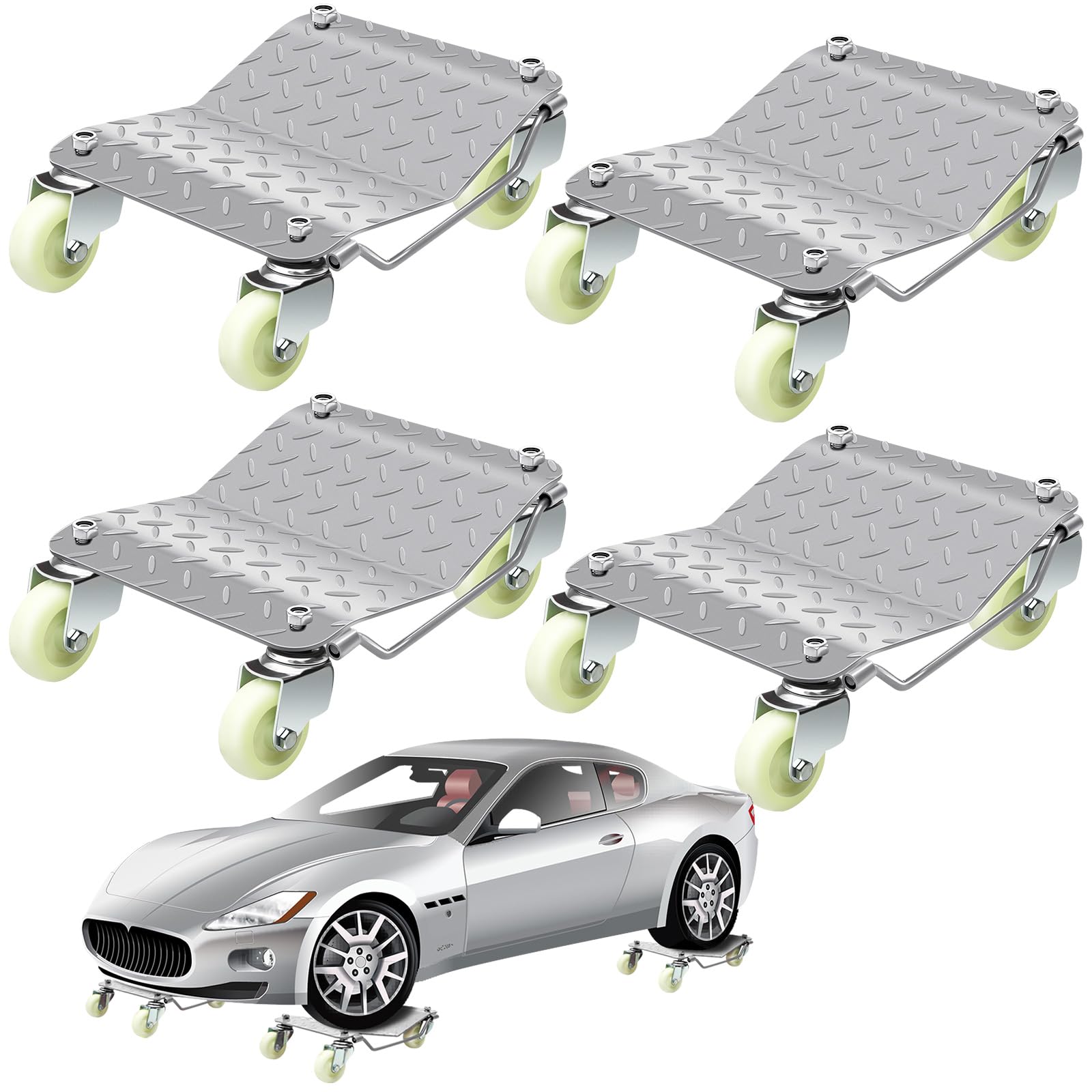 4個セット 車台車 高耐久ホイールステークス スチール製 耐荷重6000ポンド 自動車移動 収納家具ムーバートレーラー用 360度ホイール付き 16インチ x 13インチ (シルバー)