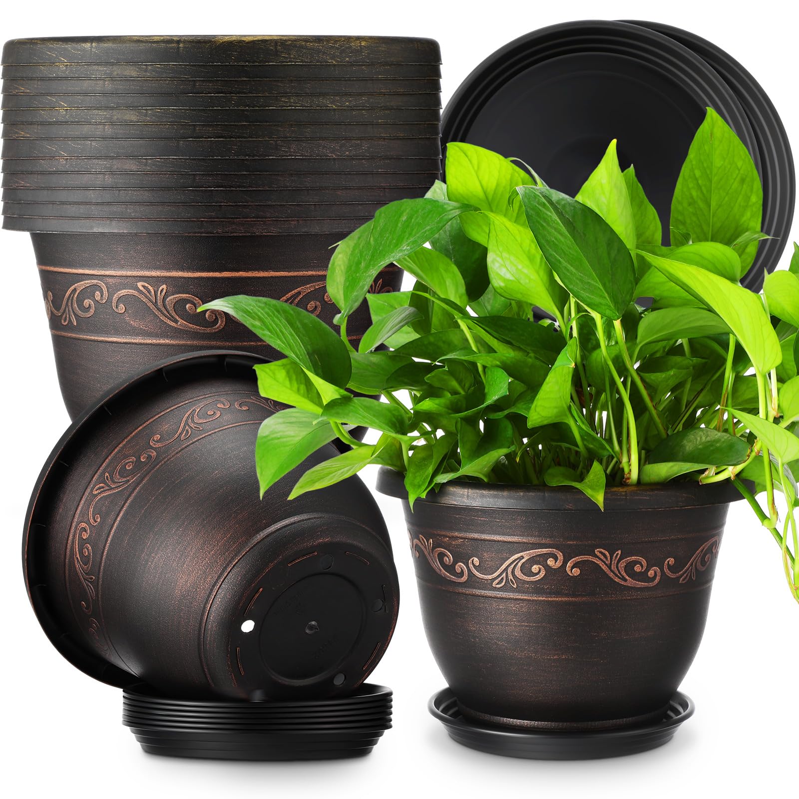 6個パック 10インチ 植木鉢 プラスチックフラワープランター 屋内/屋外用 排水穴とトレイ付き 軽量 レトロ アンティーク イミテーション 装飾ガーデンコンテナセット 受け皿付き