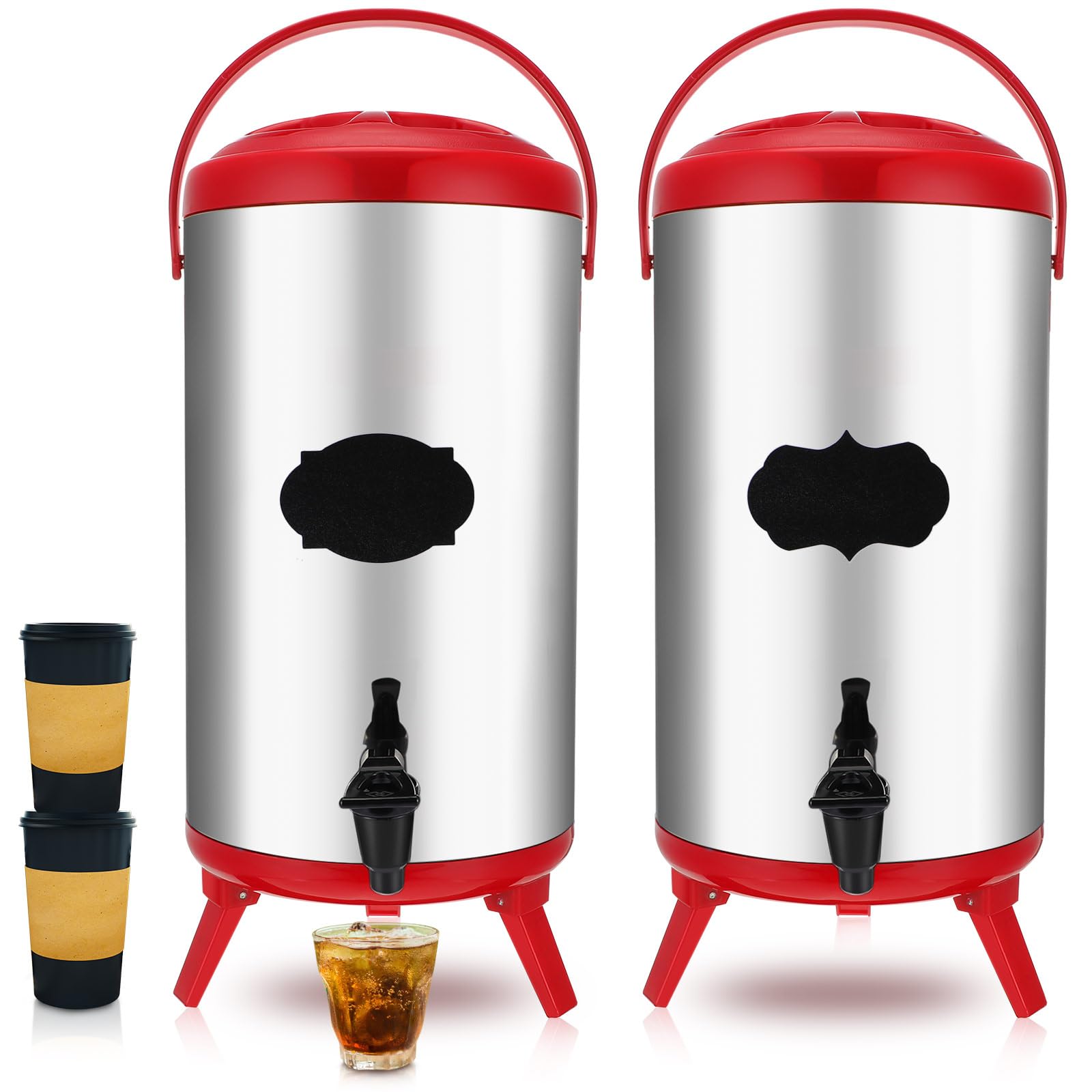 2個 ステンレススチール 断熱ドリンクディスペンサー ホットドリンク 飲料ディスペンサー ホット コールド アイスウォーター 保温 飲料ディスペンサー 栓ラベル付き パーティー 誕生日 (レッド、12 L)