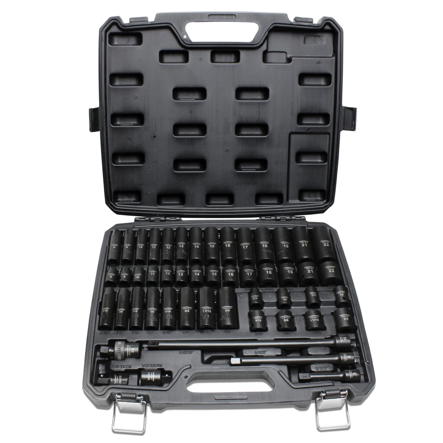 3/8" ドライブ 50pc インパクトソケット プロ セット、5/16 インチ - 3/4 インチ、8mm-19mm + 21mm + 22mm、スタンダード/ディープソケット、エクステンションバー、アダプターなど｜明金万代