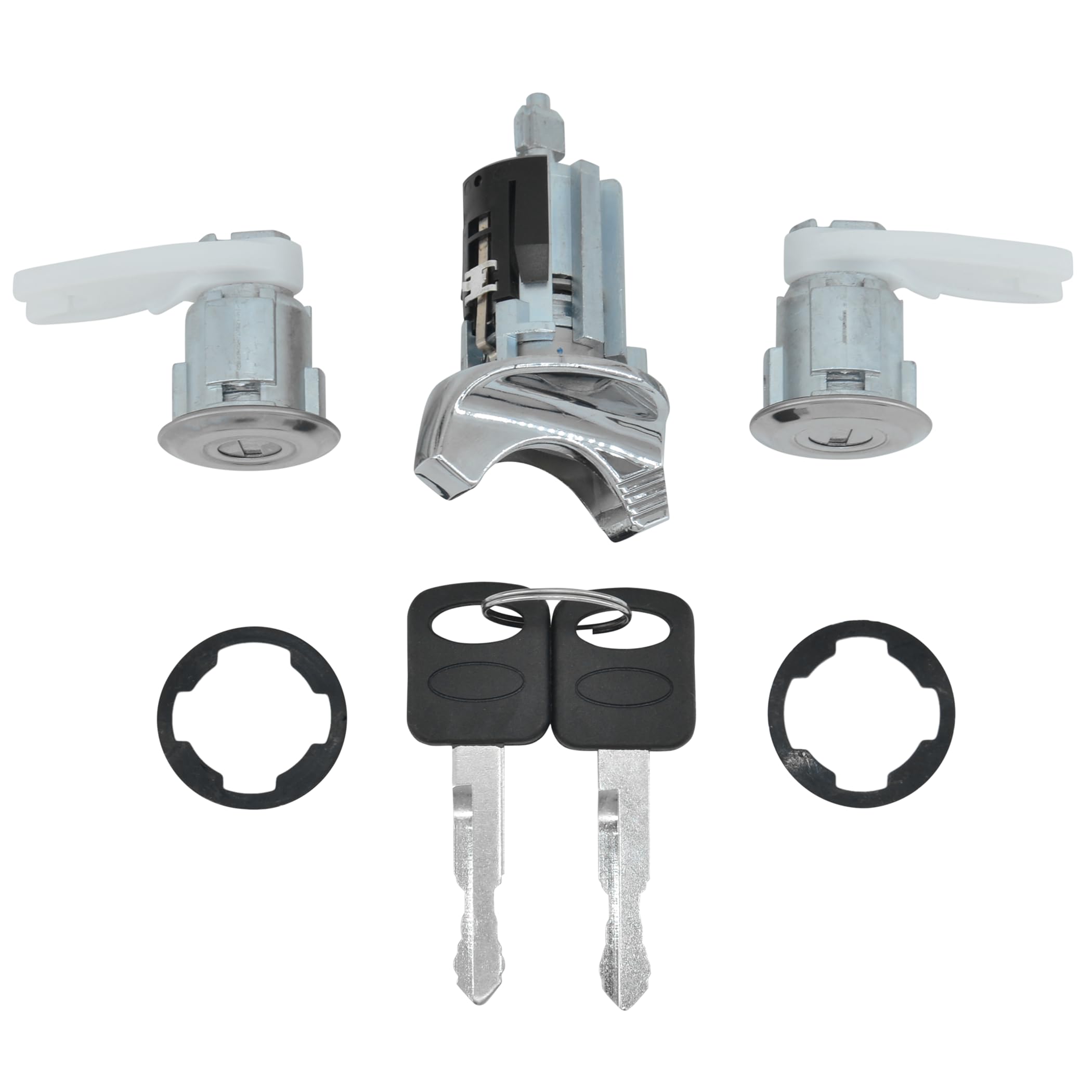 クロームイグニッションスイッチロックシリンダー\u0026amp;ペアドアロックシリンダー 2キー付き F3UZ1522050D交換用 フォードF150/250/350 Bronco 1992-95に対応