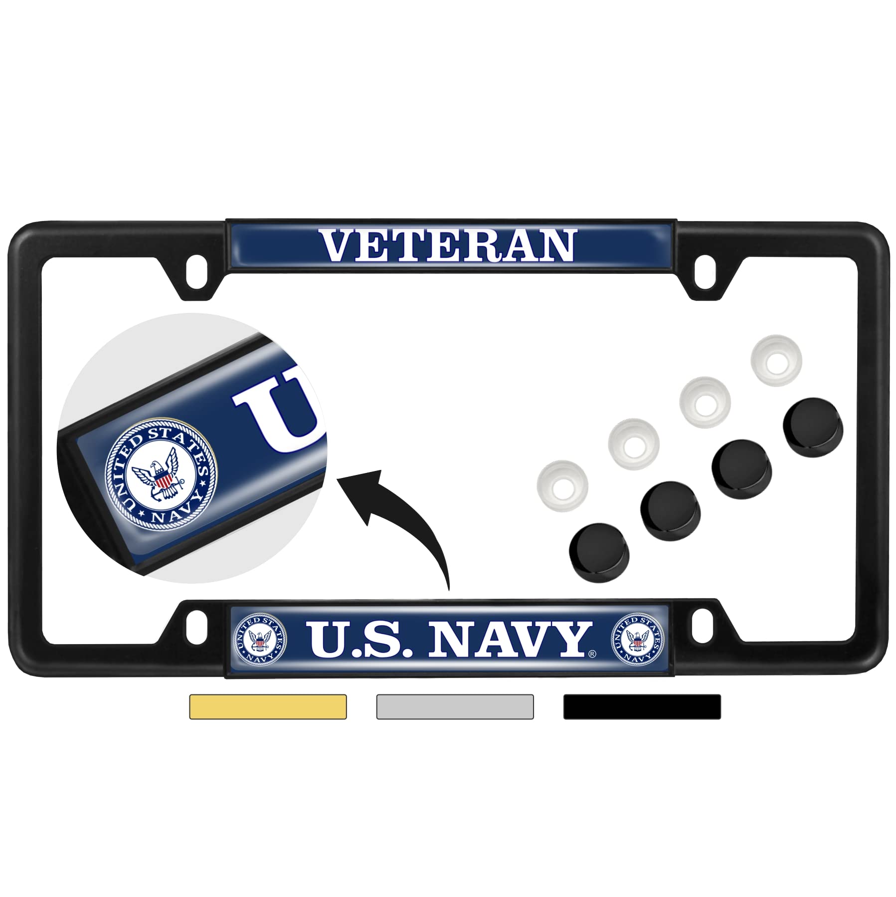 [公式ライセンス商品] - アメリカ海軍退役軍人 - ドーム型カスタムメイド ナロー(薄い)トップ 4穴メタルカーナンバープレートフレーム フリーキャップ付き - ブラック(数量:1フレーム)｜明金万代