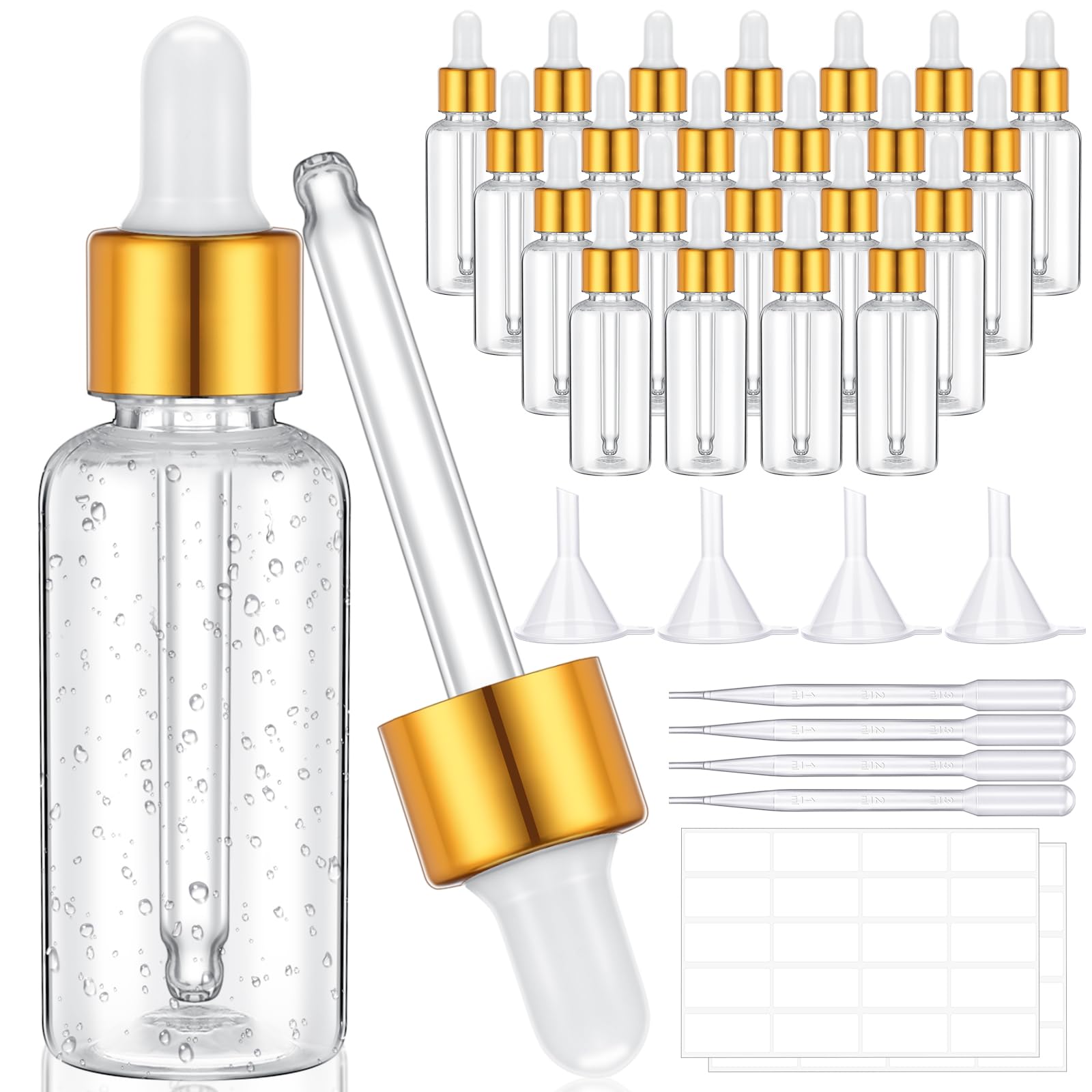 SiliFine ドロッパーボトル 48個パック 1オンス プラスチックスポイトボトル 30ml 漏斗4本 ロングピペット4本 エッセンシャル/キューティクル ボディオイル チンキ剤用 40ラベル (クリア)|明金万代