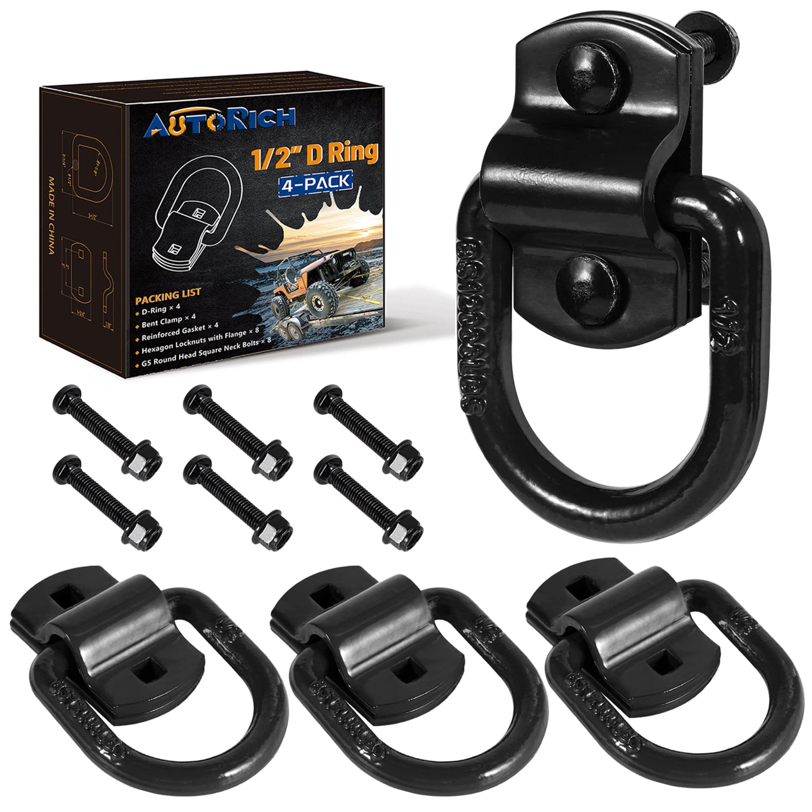 1/2 タイダウンDリングアンカー トレーラーに使用、3/8-16 UN G5ボルトと強化ガスケットでボルト留め、溶接不要(ブラック)