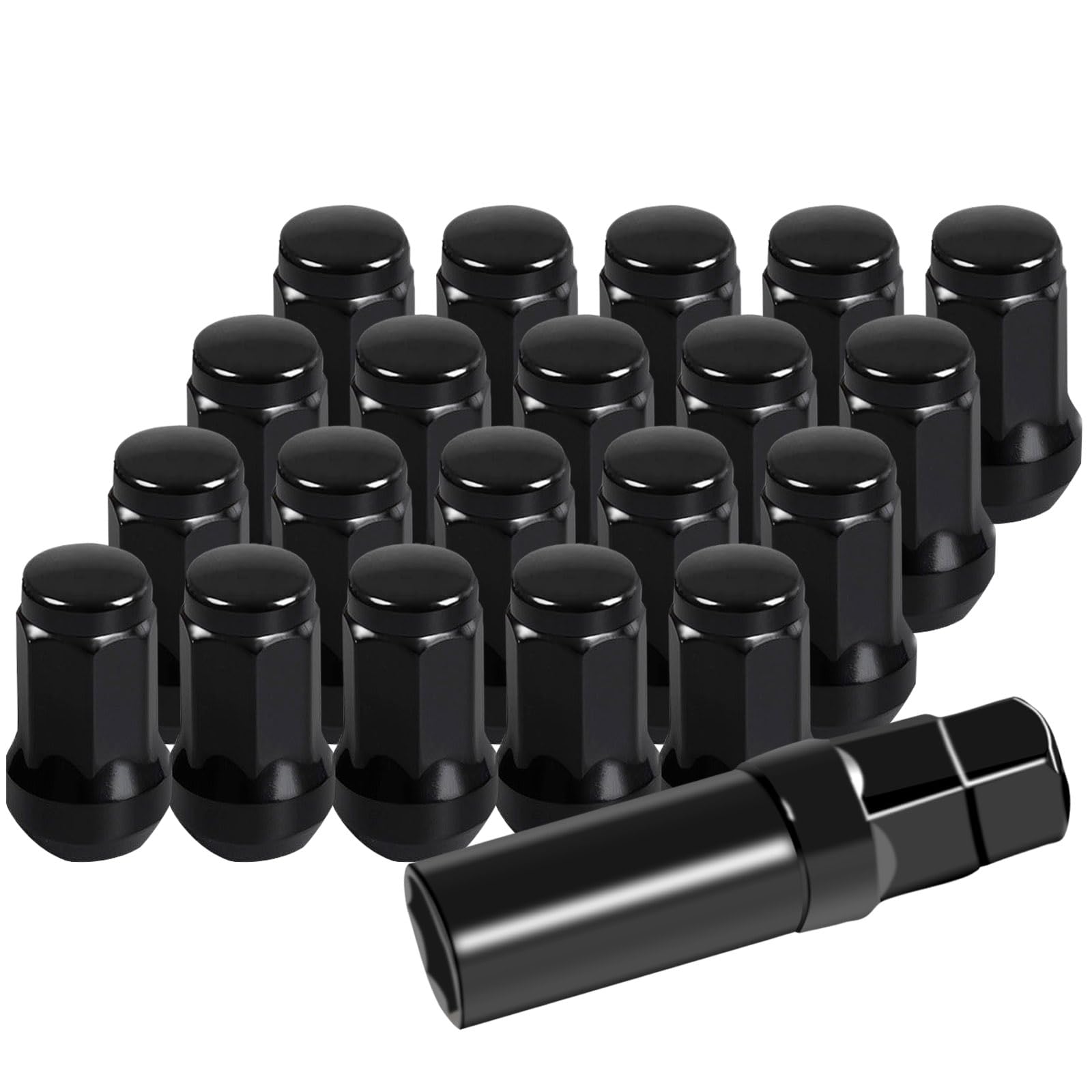 M12x1.5 ラグナット 交換用 ユニバーサルフィット 4/5/6/8ラグチューナーリム用 ブラック カーバルジドングリホイールラグナット コーンシート用 20個パック キー1個付き