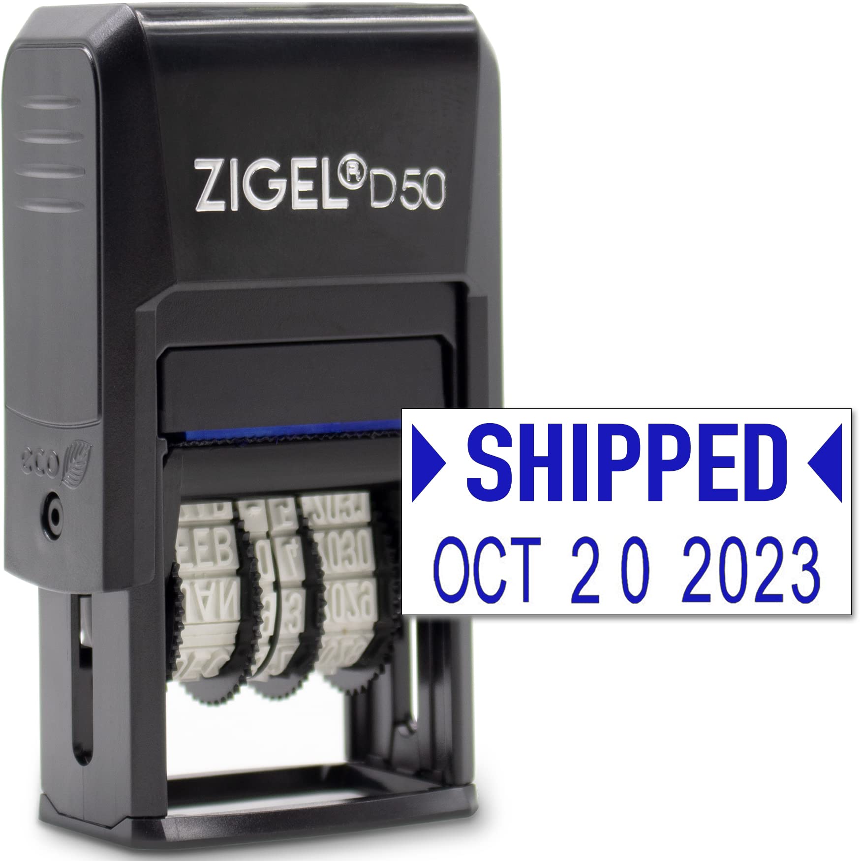D50 日付スタンプ フレーズ付き セルフインク式日付スタンプ ブルー SHIPPED｜明金万代