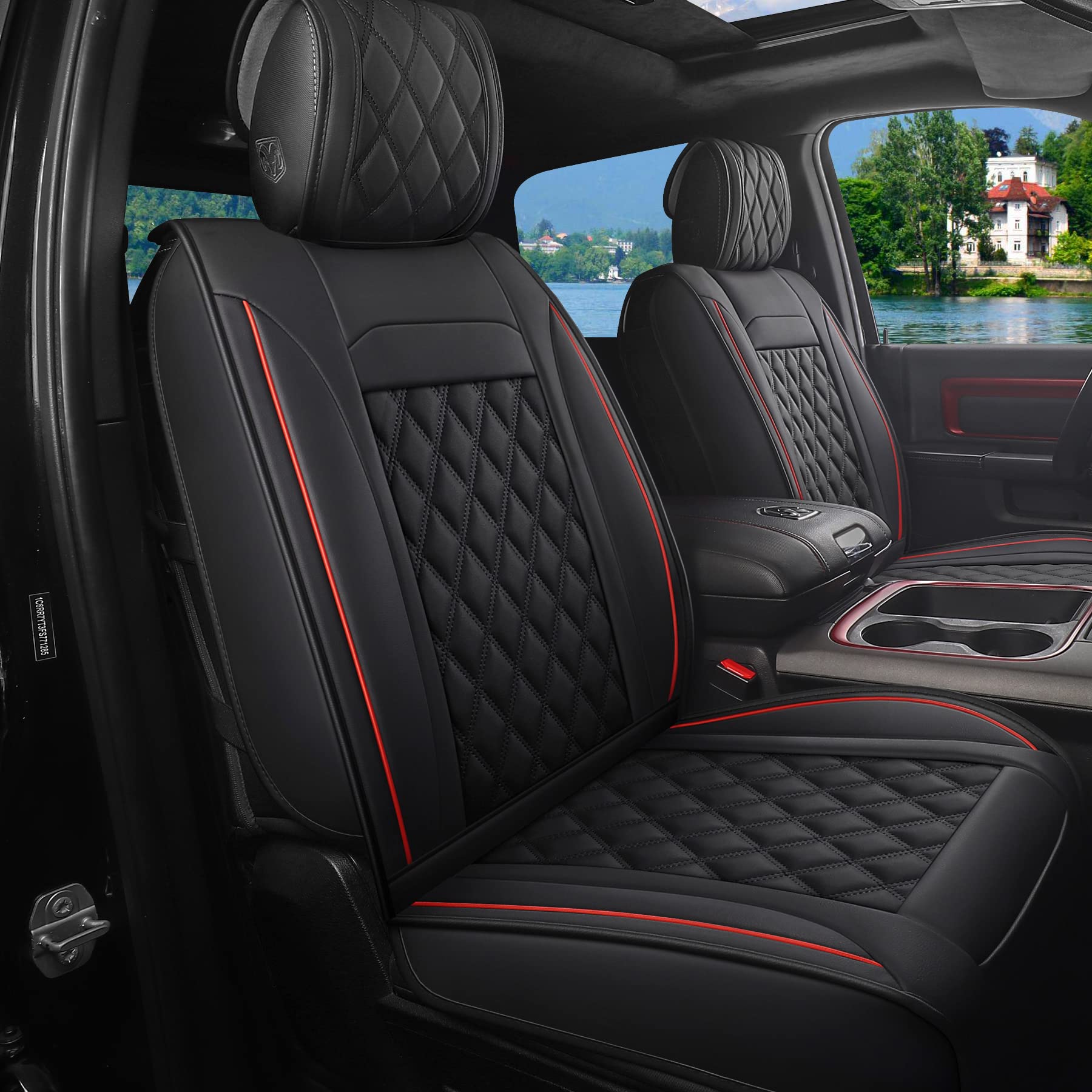 カーシートカバー ダッジラム用 2009-2022 1500/2500/3500 HDピックアップトラック クルー/レギュラー/クワッド/メガキャブ用 防水合成皮革シートカバー (5点-フルセット、ブラック-レッド)｜明金万代
