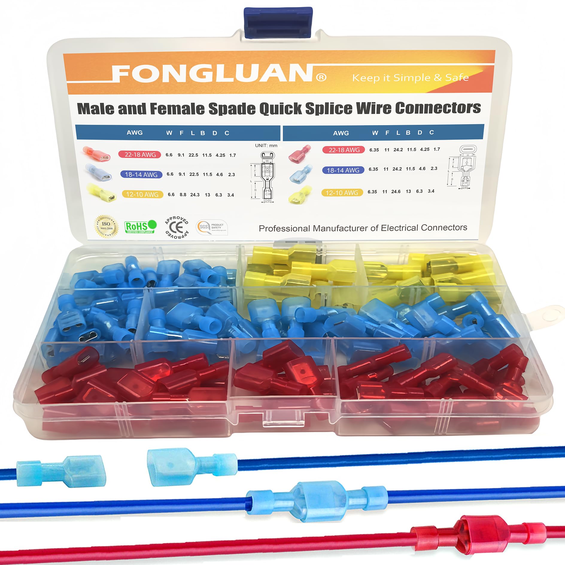 120個オスとメス スペードコネクタ 24-10ゲージ ナイロン完全絶縁ワイヤー クイックディスコネクト電気圧着端子コネクタ詰め合わせセット｜明金万代