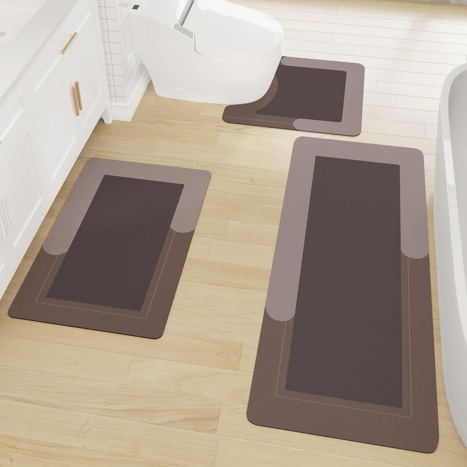 バスマットラグセット、トイレマット付きバスルームマット U字型ノンスリップ吸水ゴムバスルームマット 浴槽、シャワー、バスルーム用 50.8cmx81.3 cm+50.8 cmx119.4 cm+50.8 cmx60.8 cm x 61.0 cm、カーキ