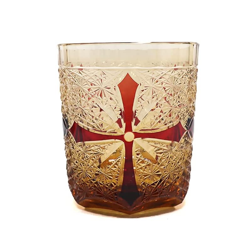 切り子ガラス 鍵を掛ける水呑み 冷酒杯 十字と菊柄 260ml 手作り ウィスキー水呑み 冷水水呑み (琥珀色色?黒)