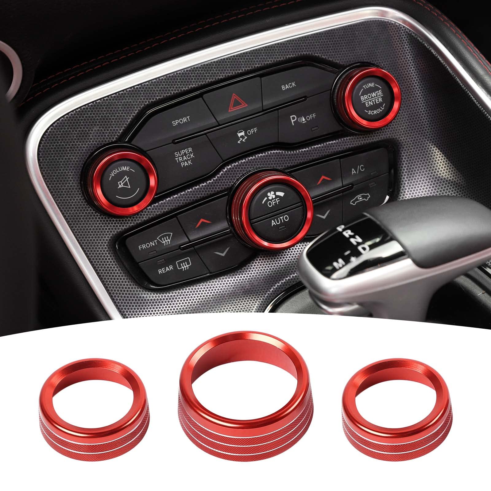 ACボリュームスイッチノブトリムリング Dodge Charger 2011+/Challenger 2015+/RAM 2012-2017/Durango 2016-2022/Chrysler 300C 2011+に対応 アルミニウム合金インテリアアクセサリー 3個 レッド｜明金万代