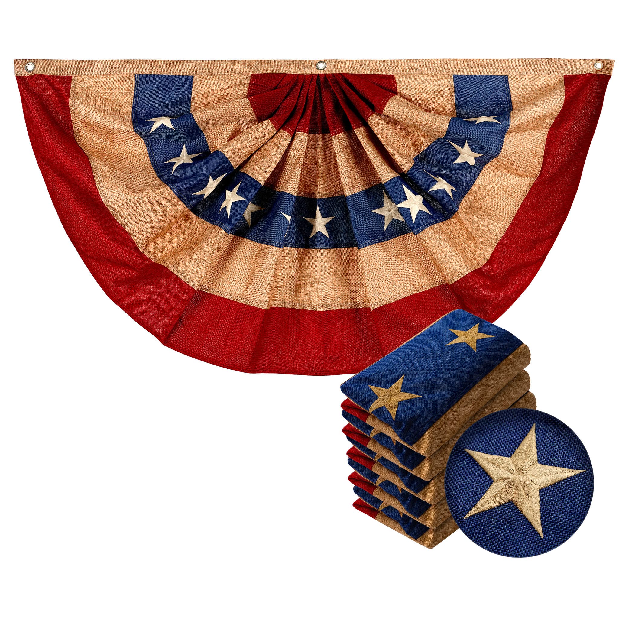 G128-5 パック:USA ティーステンドプリーツ ファンフラッグ 2x4フィート 黄麻布刺繍ポリエステル星条旗｜明金万代