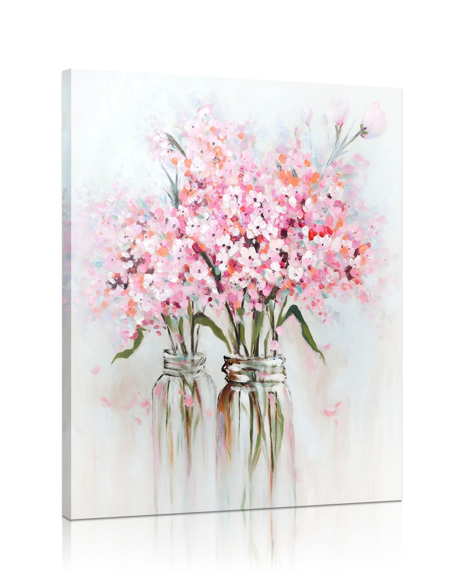 ピンクフラワーキャンバスウォールアート:花瓶の抽象的な花束 アートワークプリント ティーンガール寝室用 ピンクフローラルピクチャーポスター バスルーム装飾 12インチ x 15インチ