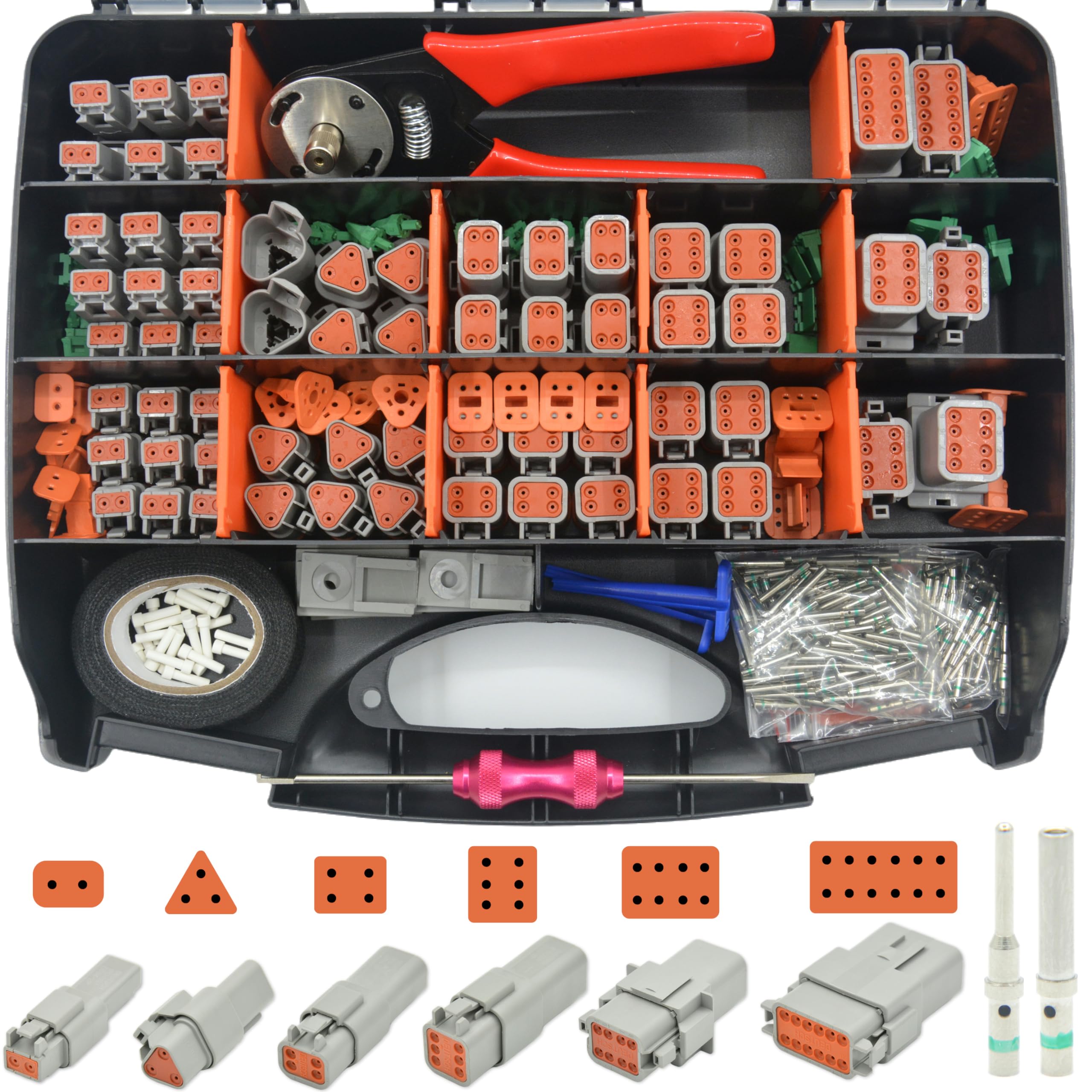 シリーズ防水コネクタキット、2 3 4 6 8 12ピンコネクタ、圧着ツール(12-20AWG)&DT除去ツール、サイズ16ソリッドターミナルコンタクト(14-20AWG) 車 オートバイ ボート用 378個|明金万代