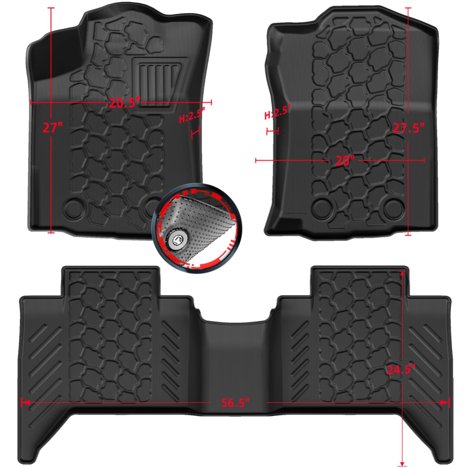 全天候フロアマット カスタムフィット 2018-2023 Toyota Tacoma | 1列目&amp;2列目用フロアライナー 超高密度スパイク付き ブラック (オートマチックトランスミッション付きダブルキャブ対応)｜明金万代