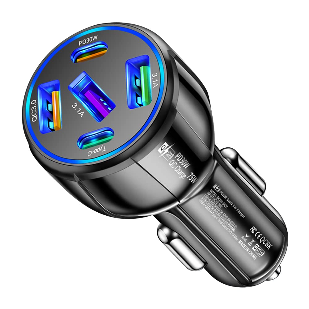 5イン1 車用充電器アダプター 75W ハイパワー シガレットライターアダプター QC3.0/PD 超高速充電 車載電話充電器 iPhone 14 13 iPad Proなどの携帯電話に対応 (3USB/2PD ブラック)