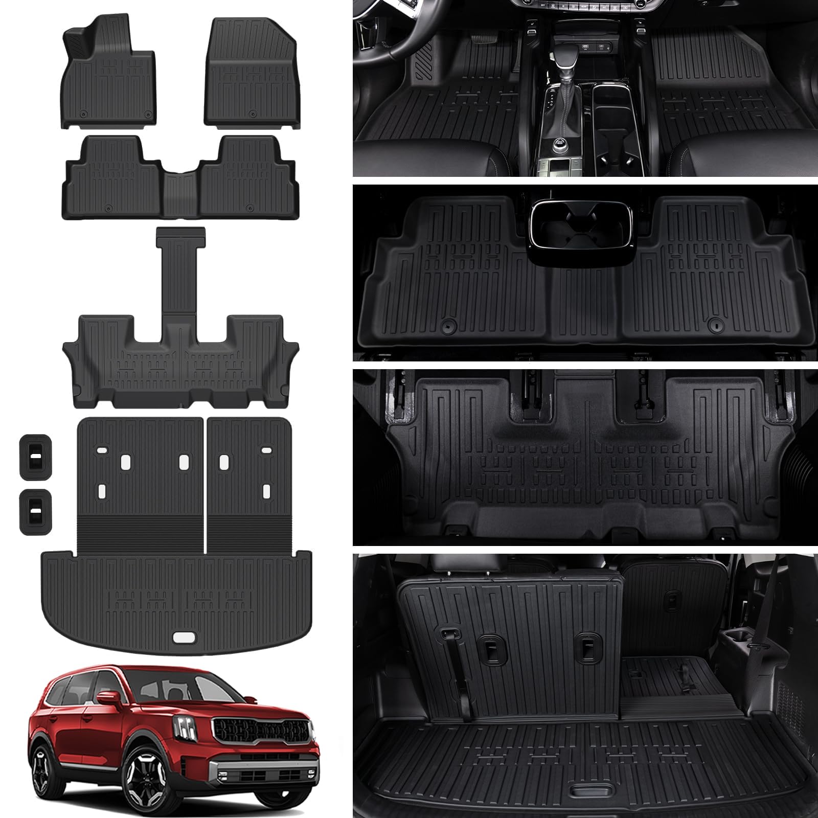 フロアマットとカーゴマット 2020-2025 Kia テルライドアクセサリー 7/8人掛け、カーゴライナーシートバックレストマット 2024年テルライド全天候マットTPE防水カーゴライナー