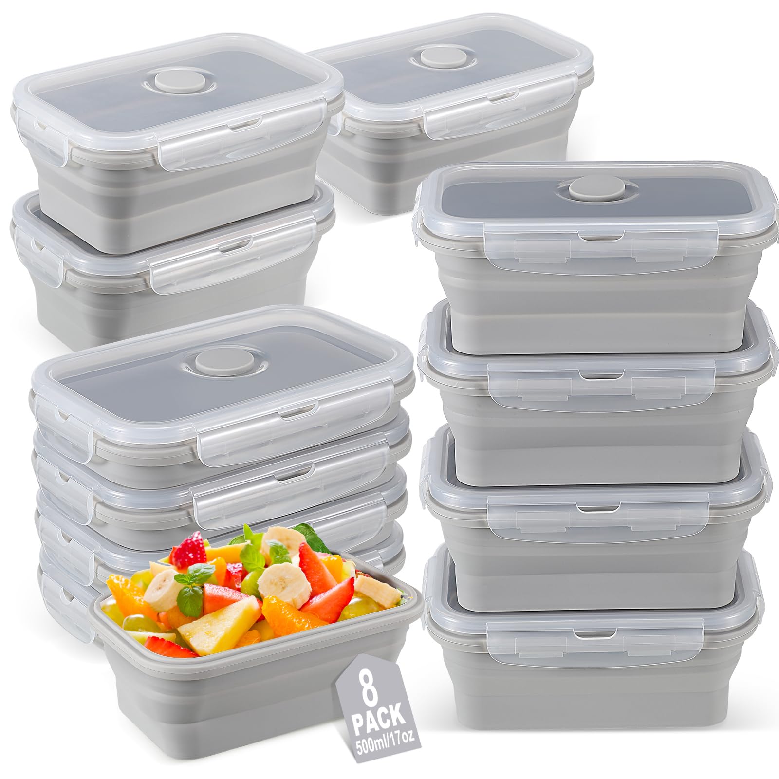 シリコン折りたたみ式食品保存容器 8個セット 17オンス 折りたたみ式 食事準備容器 正方形 折りたたみボウル 通気口蓋付き 電子レンジ 冷凍庫 食器洗い機対応 (グレー)