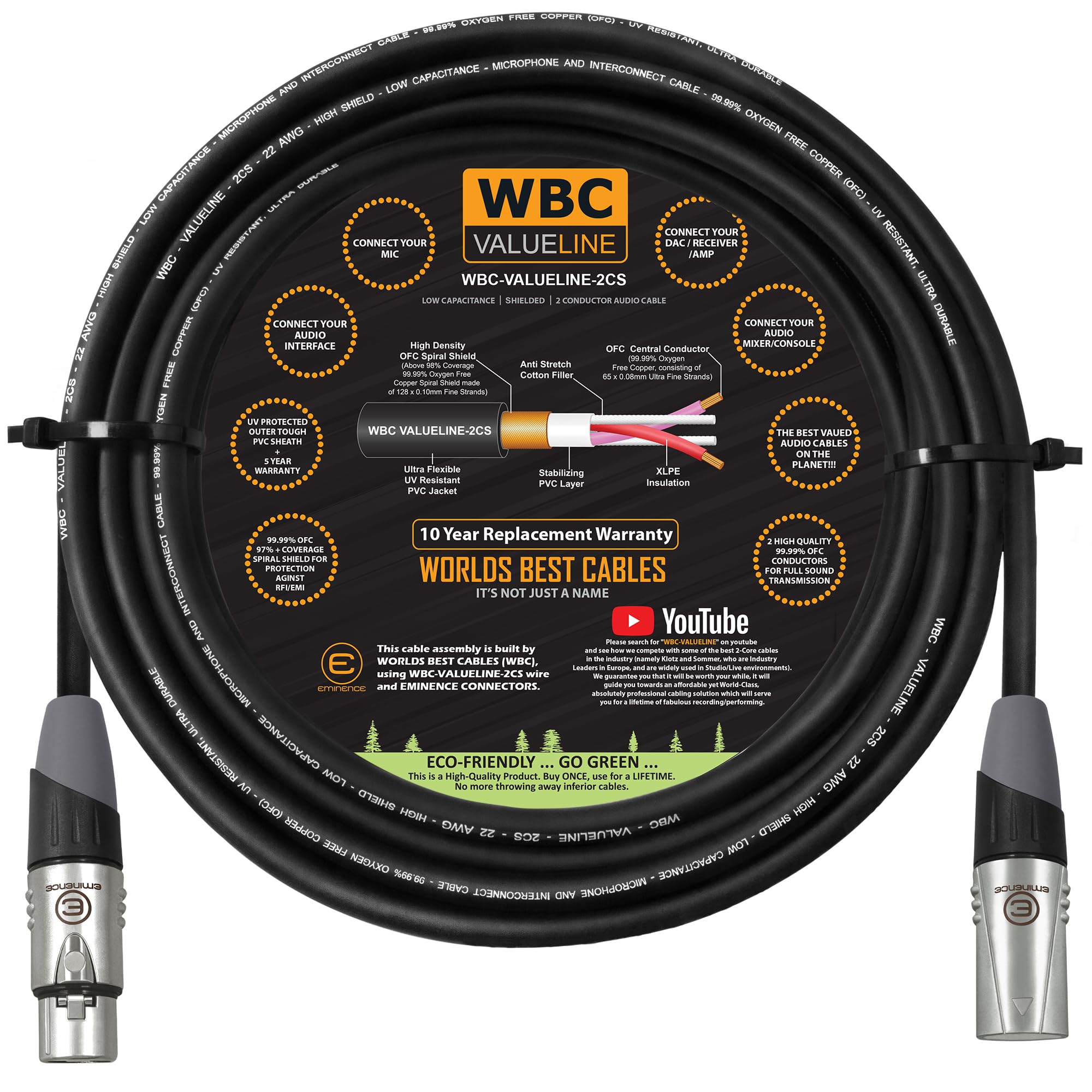 WBC-VALUELINE-2CS (22 AWG) - 3ユニット - 6フィート - 低容量シールドバランスフレキシブルマイク、アクティブスピーカー\u0026amp;インターコネクトケーブル、Eminence Gold XLRコネクタ付き。