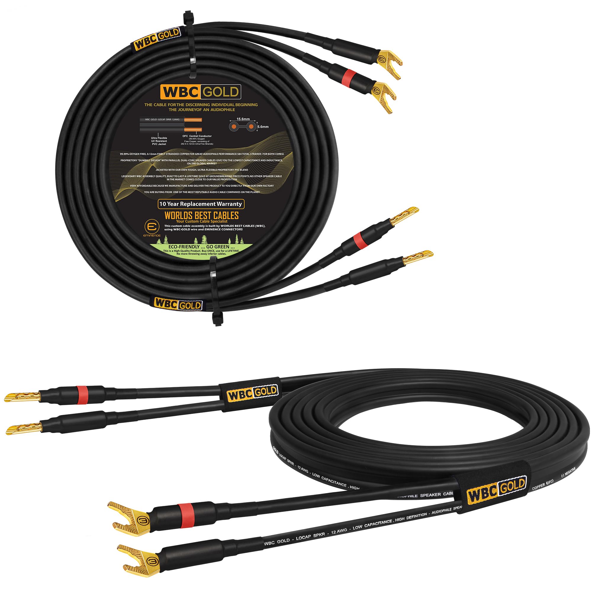 6フィート WBC-GOLD-LOCAP-SPKR-12 AWG - 低キャパシタンス - 低インダクタンス - 高純度 OFC - オーディオマニアハイファイスピーカーケーブル ペア Eminence Gold バナナプラグ付き