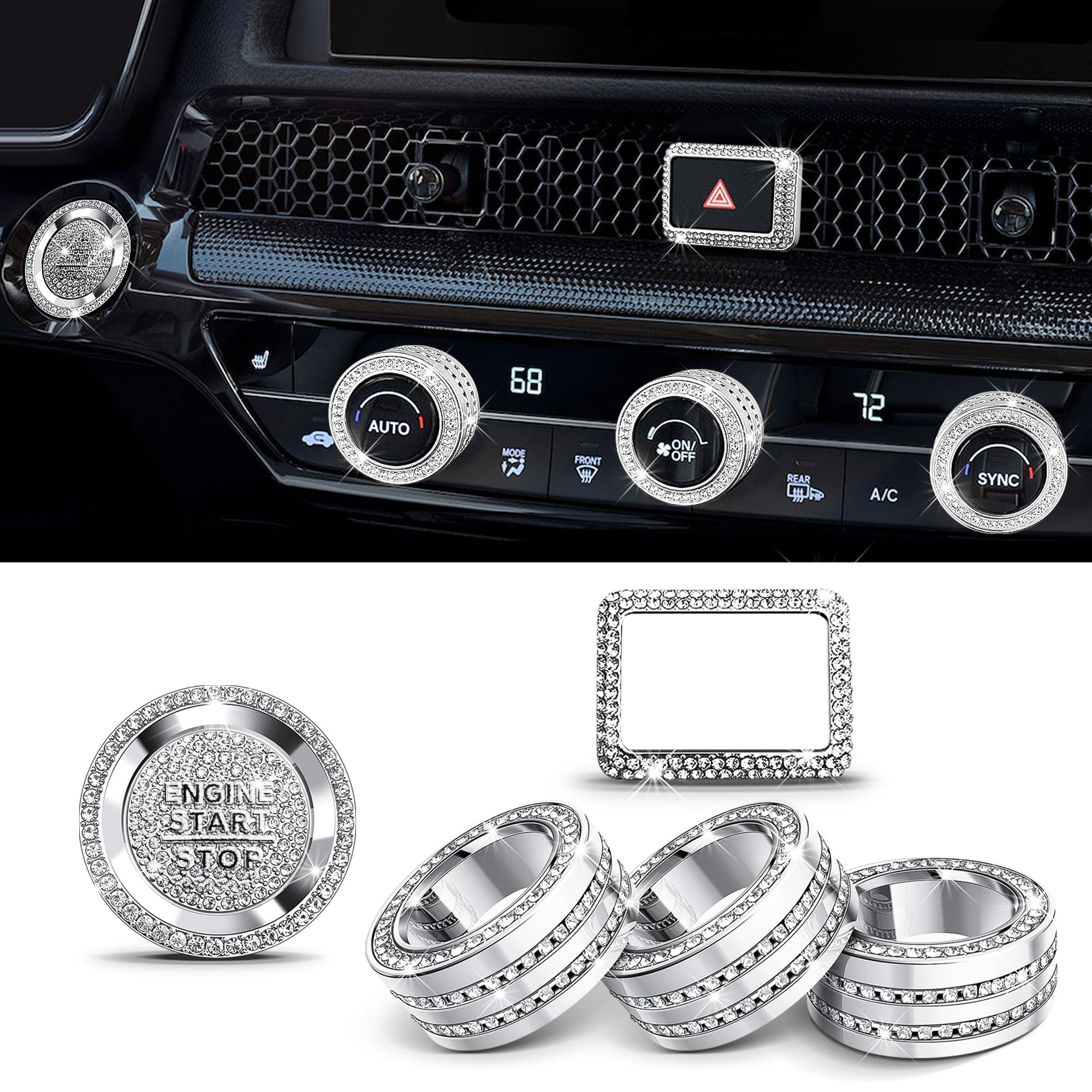 2022-2025 Honda Civic Accessories、2023-2025 Accord/CRV/HRV/Acura Integra \u0026amp; 2025 ADX用、合金ノブカバートリムセット6個 - プッシュスタート、エアコン\u0026amp;危険警告灯(ブリン)