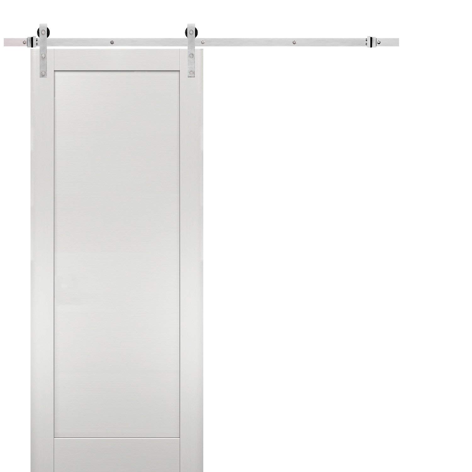 スライド式納屋のドア 36 x 80インチ ステンレススチール 6.5フィートのハードウェア | Quadro 4111 ホワイトアッシュ | トップマウントレールハンガー 頑丈なシルバーセット | モダンソリッドパネルインテリアドア
