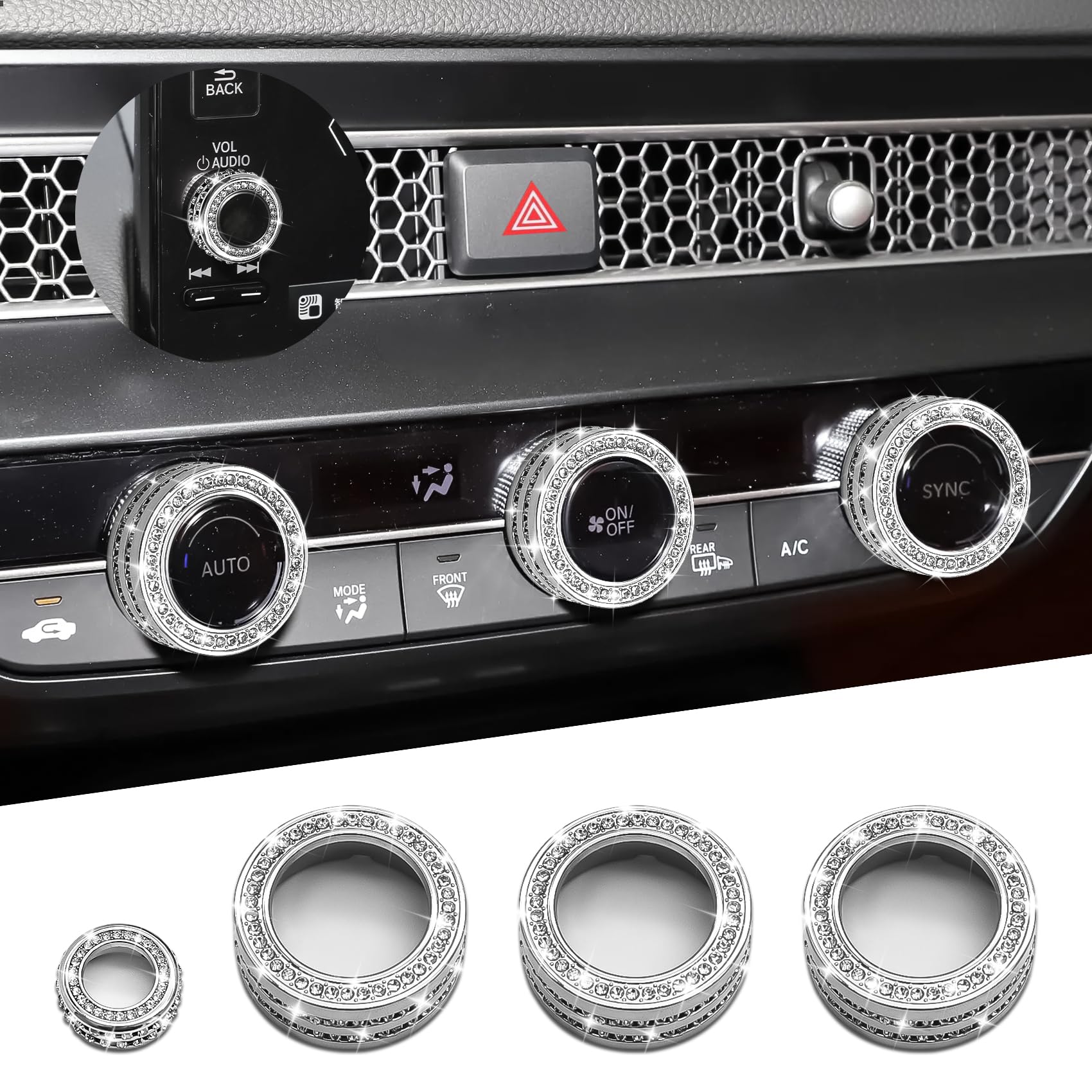 4個 キラキラカーアクセサリー ACノッブ覆いかぶせる、エアコンスイッチトリム、四輪車室内装飾かざり付けるボタンノブカバー シビック相応う