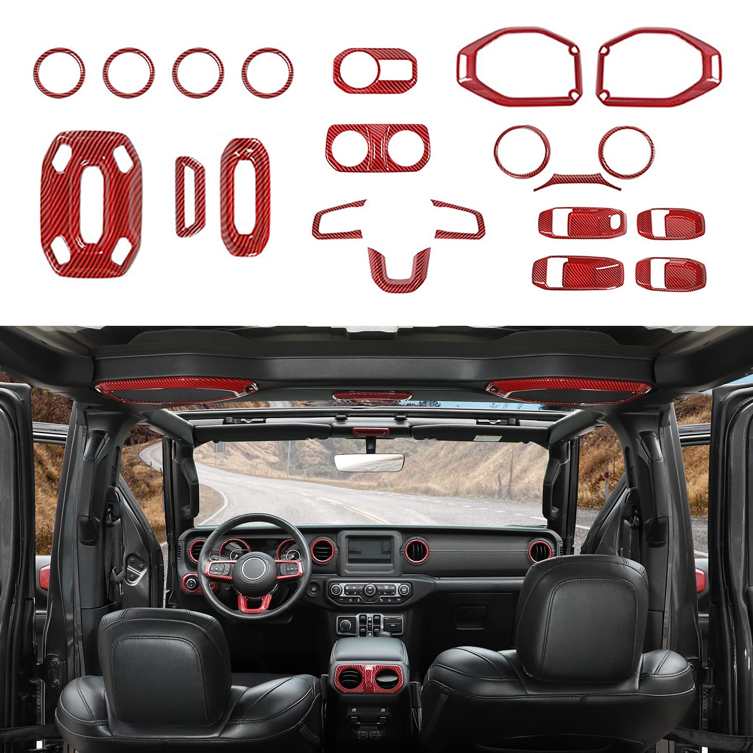 21PCS インテリアトリムキット、ステアリングホイールトリム ダッシュボード エアコンベント インナードアハンドル ボウルカバー Jeep Wrangler JL 2018-2023 4ドア対応 レッドカーボンファイバー
