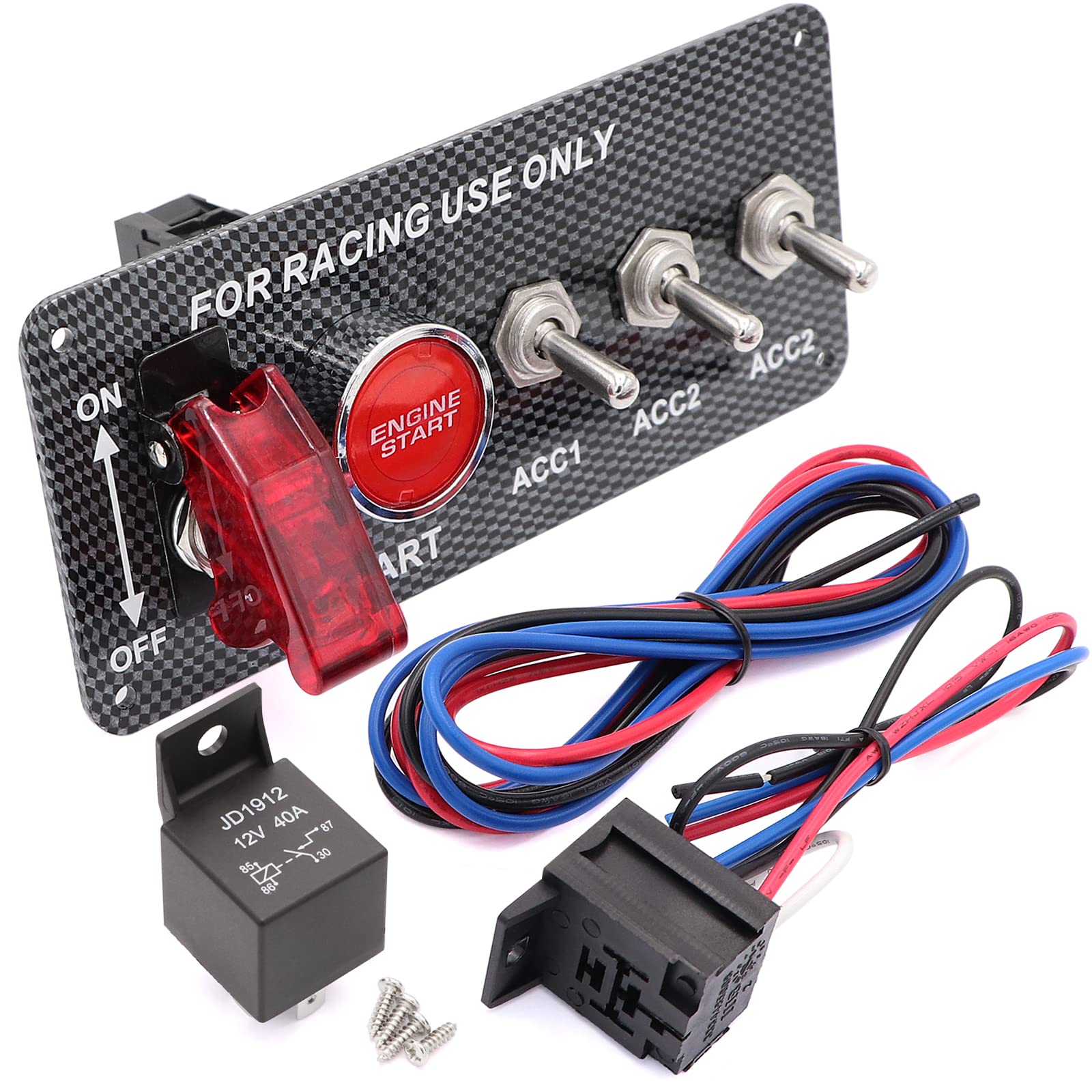 12V レーシングカーイグニッションスイッチパネル エンジンプッシュボタン付き イグニッションスタータースイッチパネル 5イン1 カーボンファイバーLEDトグルスイッチ レースカースポーツ競技RVトラックイグニトンパネル用