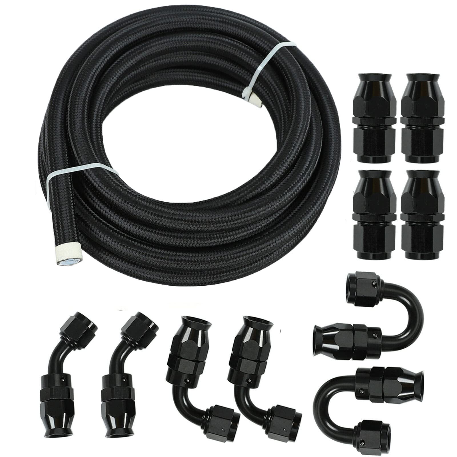 8AN 20フィート PTFE 燃料ラインホースキット E85ステンレススチール ナイロン編組燃料ホース 20フィート スイベル燃料ホースフィッティングアダプターキット10個付き ブラック