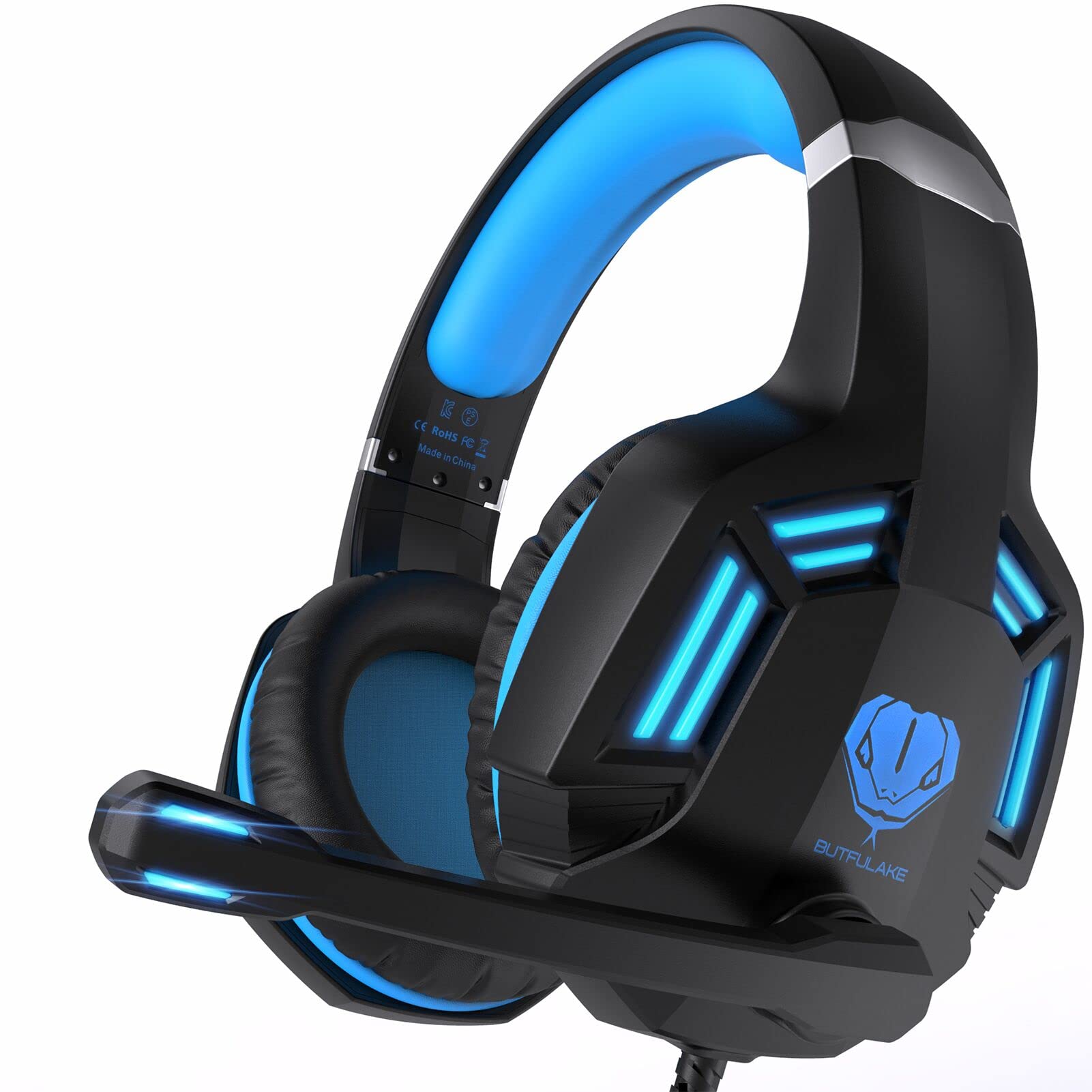 PS4、PC、Xbox One、PS5、Nintendo Switch用ゲーミングヘッドセット、ステレオサラウンドサウンド付き有線オーバーイヤーヘッドフォン、ノイズキャンセリングマイク、LEDライト、子供、大人用、ブラックブルー。