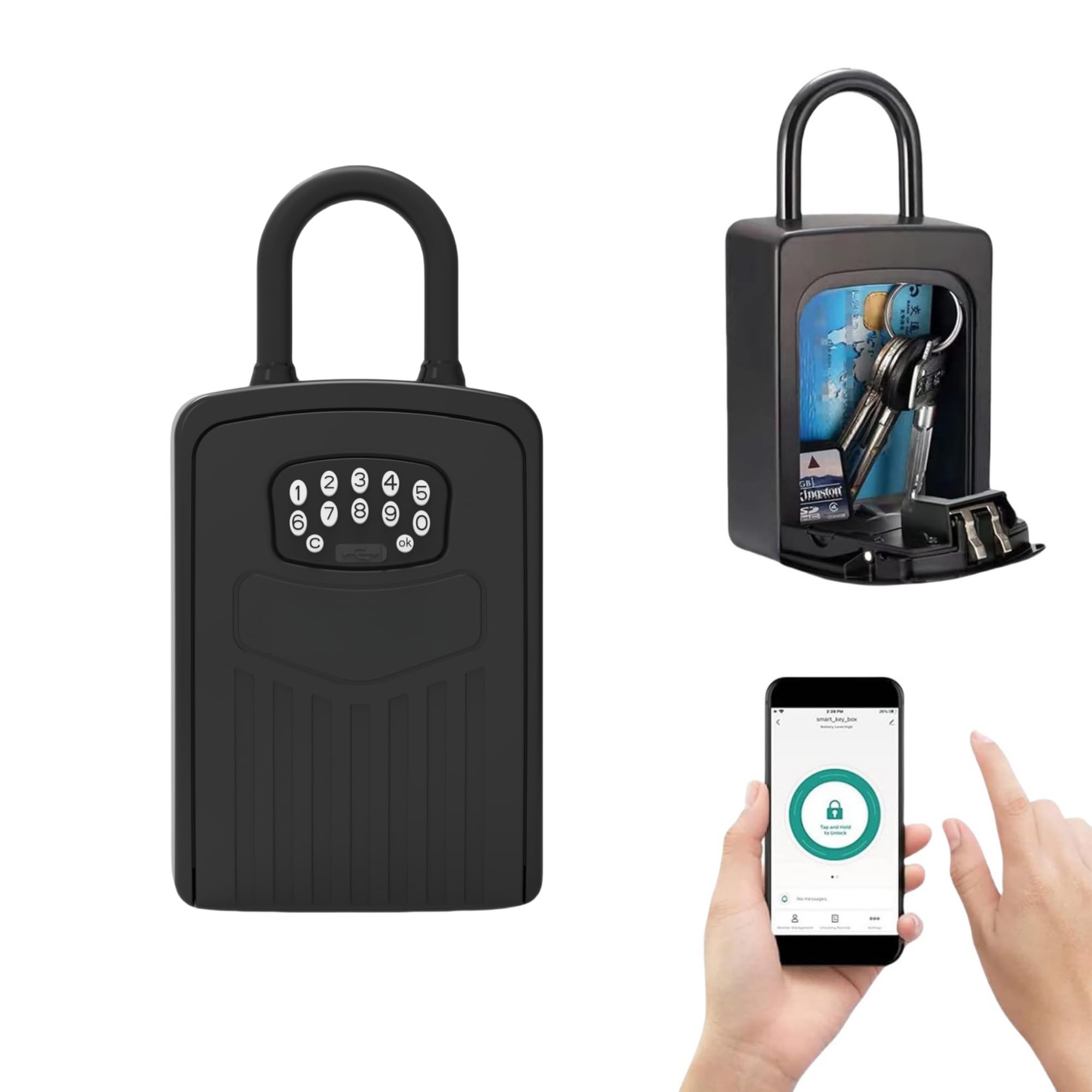 スマートキーロックボックス、APPコントロールBluetoothワイヤレスロックボックス 家の鍵 屋外壁取り付けドア吊り下げ リモートアクセスデジタルキー金庫 コード付き 屋外用、大容量収納｜明金万代