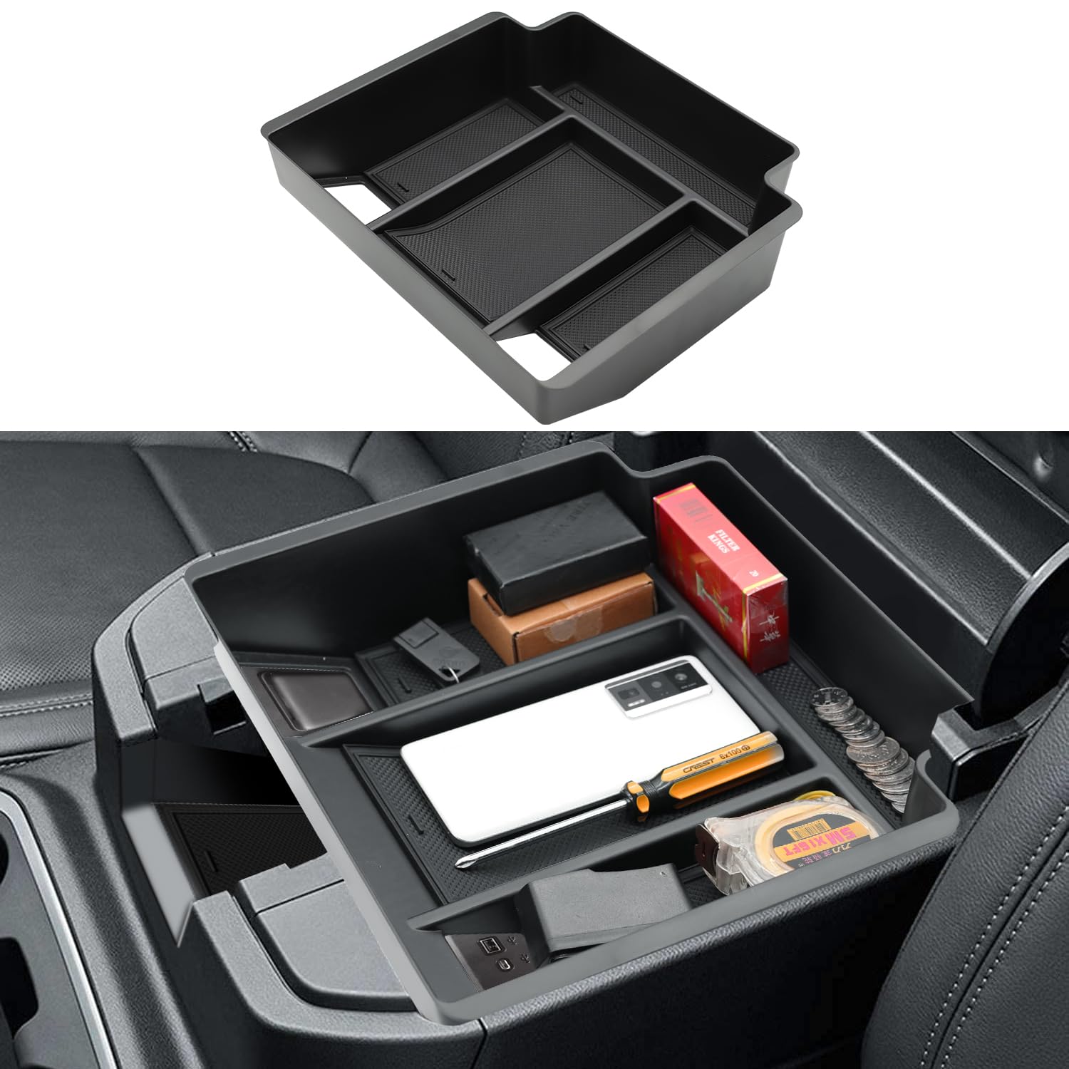 2022-2024 Chevy Silverado\u0026amp;GMC Sierra 1500 コンソールオーガナイザー 2024 シル物語詩/シ内鰓 2500固定ディスク 3500固定ディスク 室内装飾 アームレスト挟みいれるお盆 (盛りだくさんコンソール/井戸釣瓶居敷きのみ)