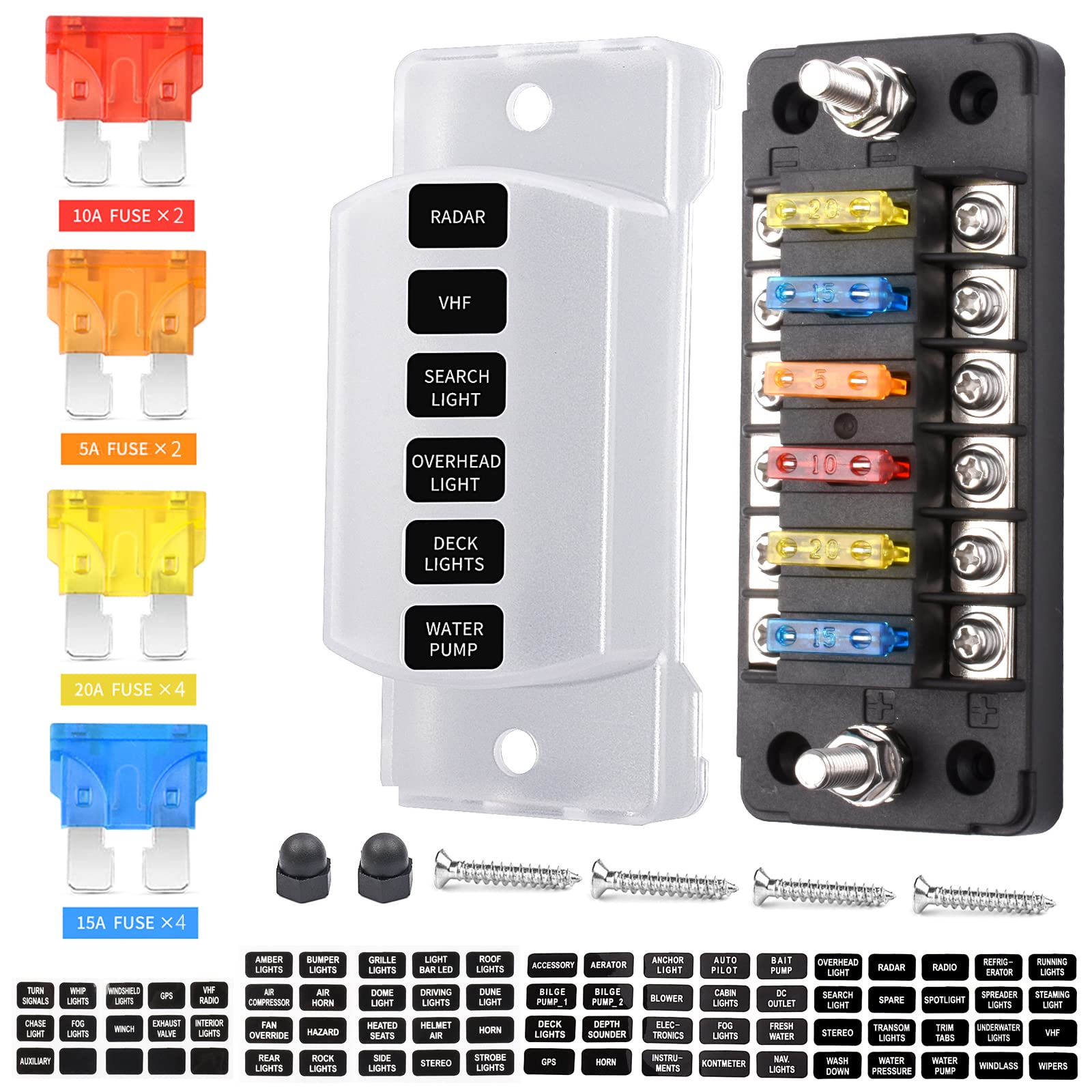 6ウェイ12Vヒューズボックスブレード、LEDインジケーターなし12ボルトヒューズブロック防湿カバー-6回路独立正負ヒューズボックスオートホルダー 12V/24V車両 車 トラック ボート 船舶用|明金万代