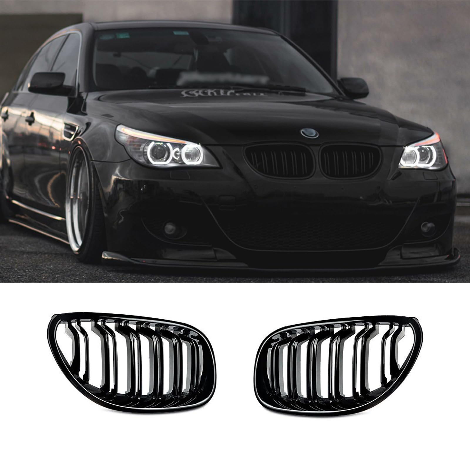フロントキドニーグリル 2003-2009 BMW 5シリーズ 520i 523i 525i 528i 530i 535i 550i BMW E60 キドニーグリル 光沢ブラック シングルスラット