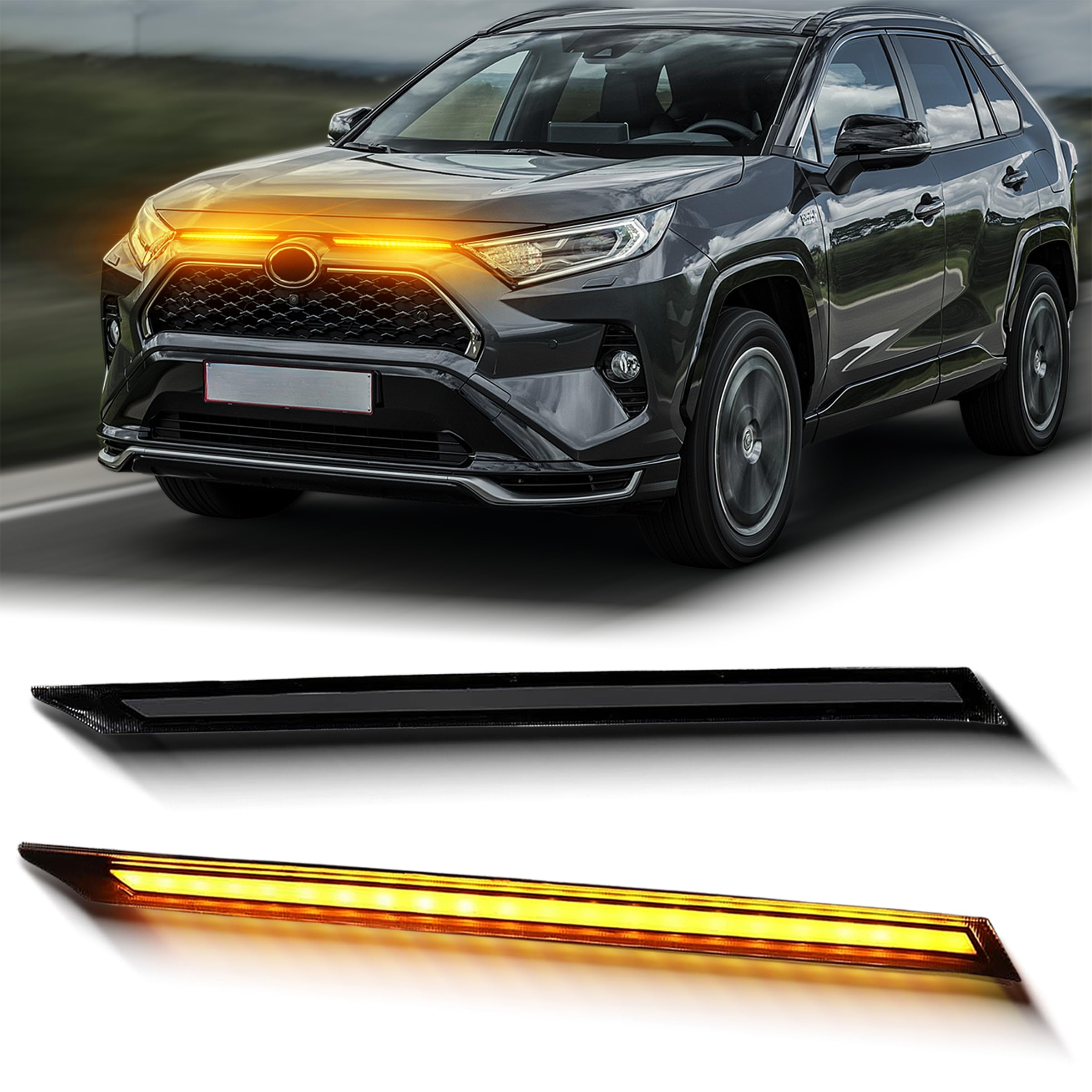 グリルライト LEDバー フロントシーケンシャルスイッチバック LED デイタイムランニングライト 2個 トヨタ Rav4 2019 2020 2021 シーケンシャル アンバー ウィンカーライト(スモーク), BO-RAV4-GRILL