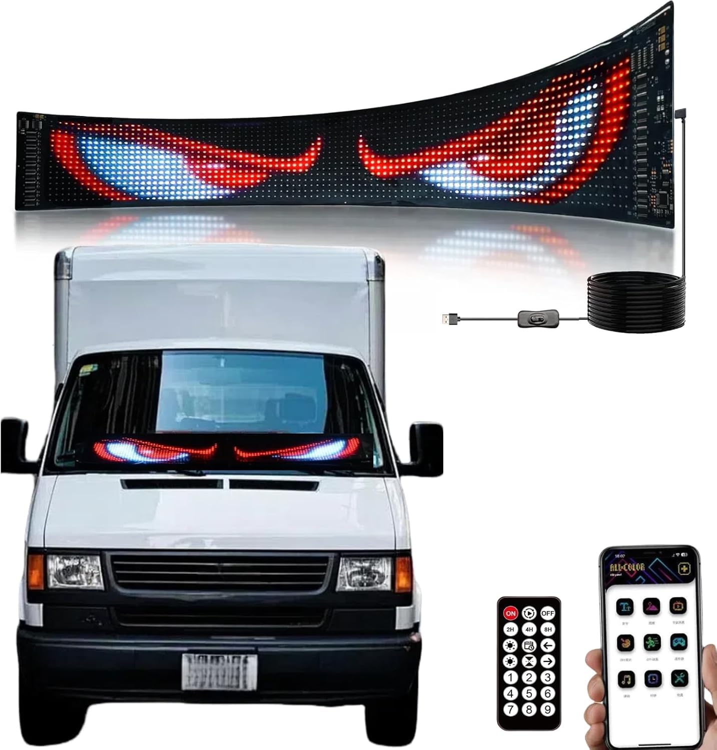 ライト - 35.4インチ x 7.6インチ 大型 LEDアイズ 車用フロントガラス用 LEDアイ リモコンとBluetooth APPコントロール付きフロントガラス用LEDライト(セダンに最適)|明金万代