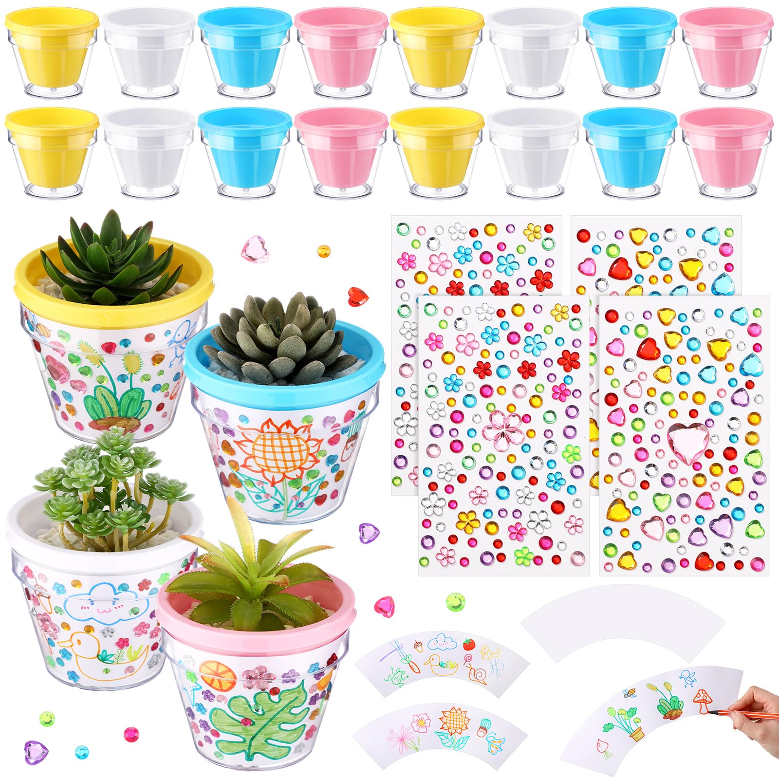 SiliFine 24 Set Spring Crafts for Kids DIY Flower Pots for Kids Flower Growing Kit 4 Gem Stickers 24 Pots DIY Cards Plastic Garden Flower Pots Bulk Mother\u0027s Day Gift Classroom Home Activity Project