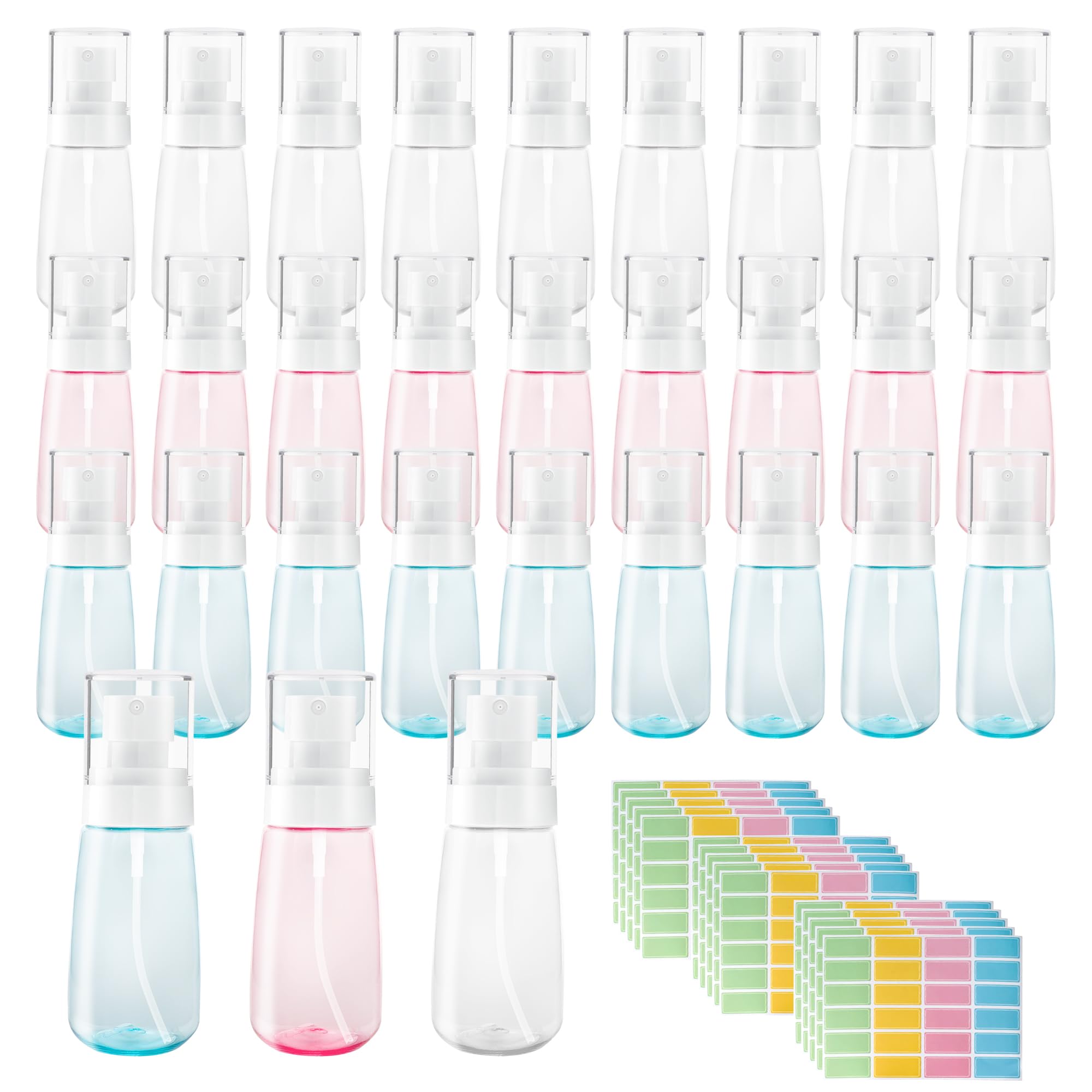 トラベルスプレーボトル 60ml/2薬局衡オンス 手抜かり押しとどめる ファインミストスプレーボトル 空のミニメイクアップフェイススプレーボトル せつ然たる 詰め替え能力のある 周遊容れもの 精油 かざり付ける品 エッセンシャルオイル用 3色 (付け紙360枚)