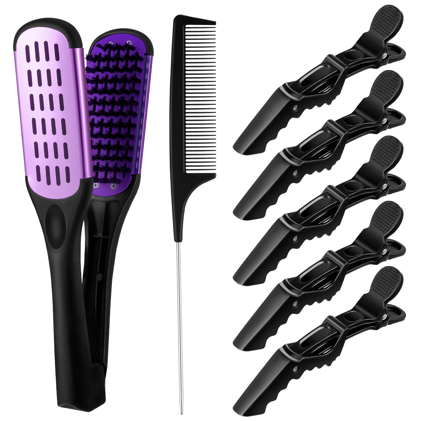 Honeydak ダブルブラシヘアストレートイノシシブリストルクランプヘアコームストレートヘアスプリントコーム5ピースワニヘアクリップ、髪の毛スタイリング用ピンラットテールコーム(パープルコーム)