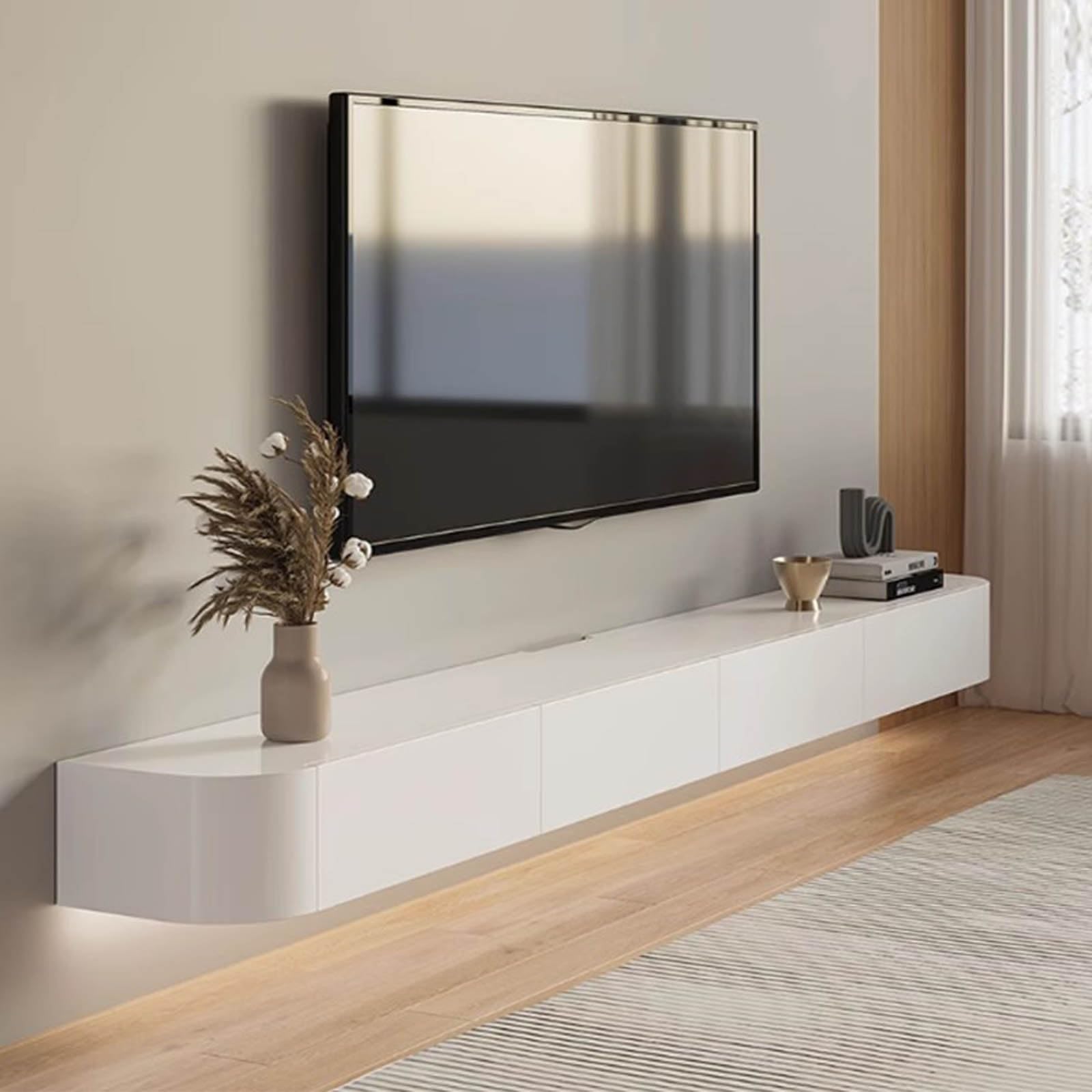 真っ白い飾りつけテレビキャビネットリビングルームフローティングキャビネットフローティングテレビユニットメディアコンソールテレビ下の納めるテレビ受像機涼み台(180x24x20糎)