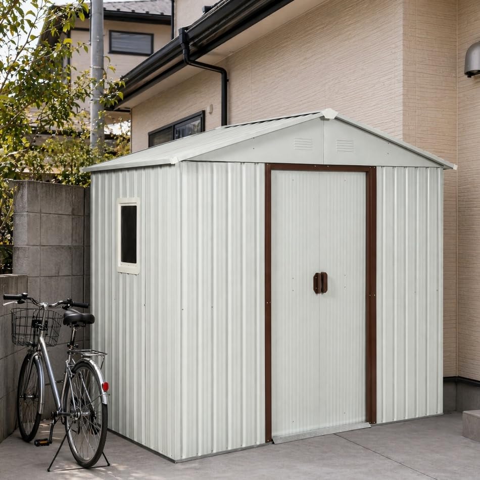 物置 大型 屋外収納庫 スチール収納 幅236&times;奥行119&times;高さ190cm 引き戸両開き 換気口付き 床材補強フレーム付 防さび仕様 ガーデン収納 ベランダ 庭用 (White)｜明金万代