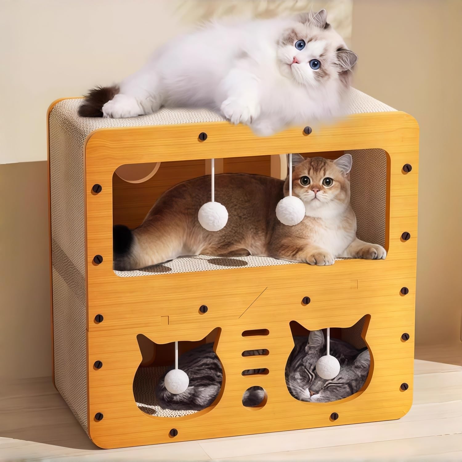 高密度複合段ボール紙 猫つめとぎ 2 /3段式 木製フレーム 爪研ぎハウス 耐摩耗 猫おもちゃ 大空間 多頭飼い対応 爪研ぎベッド 高耐久 家具を保護し 多機能 キャットチェア 取り付け簡単 省スペース ストレス解消 運動不足改善 ペット用 四季対応(B)｜明金万代