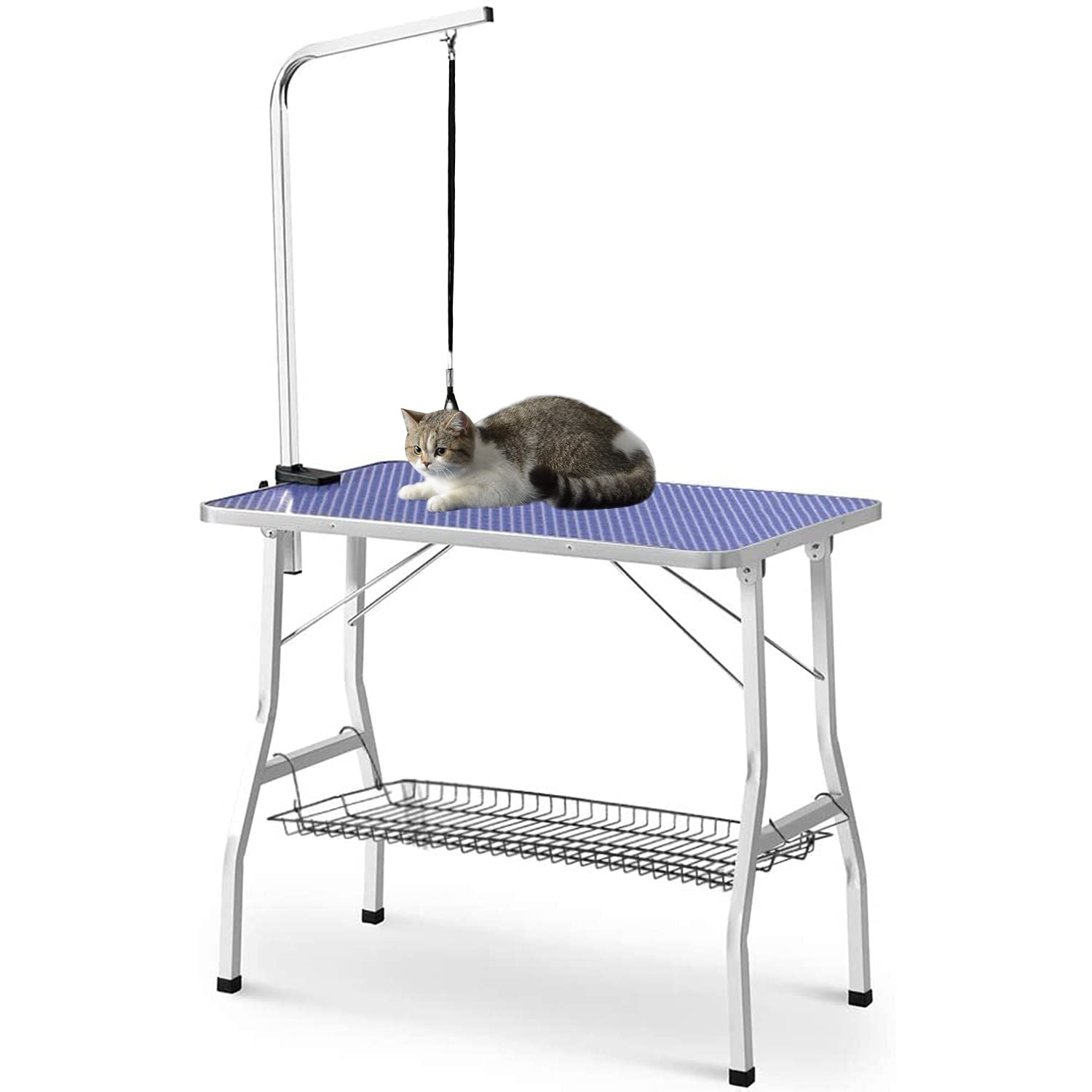 トリミングテーブル トリミング台 ブロー ブラッシング 折り畳み ペット用品 猫 小型犬 中型犬 高さ調整可能 (ブルー)|明金万代