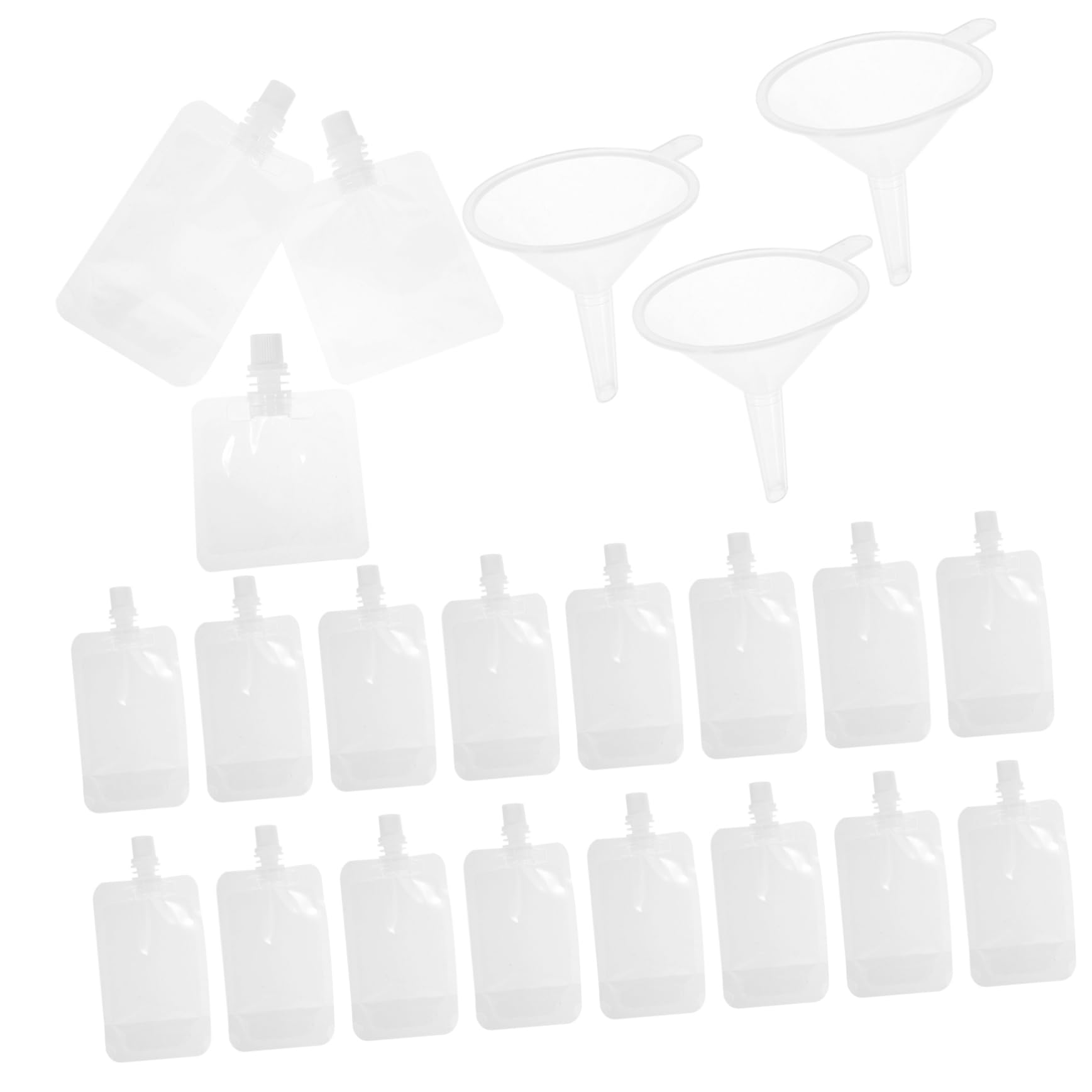 一次性飲料フラスコバッグセット 30ml 50ml 100ml容量 各種計60個入り 漏斗付き 密閉構造 飲料用詰め替え可能ドリンクパウチ トラベル キャンプ ピクニック用｜明金万代